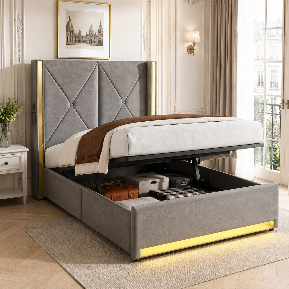 POLSTERBETT 90/200 cm in Dunkelgrau mit Bettkasten, LED, USB und Type-C Samt - Dunkelgrau, Holzwerkstoff/Textil (90/200cm) - STILVORA