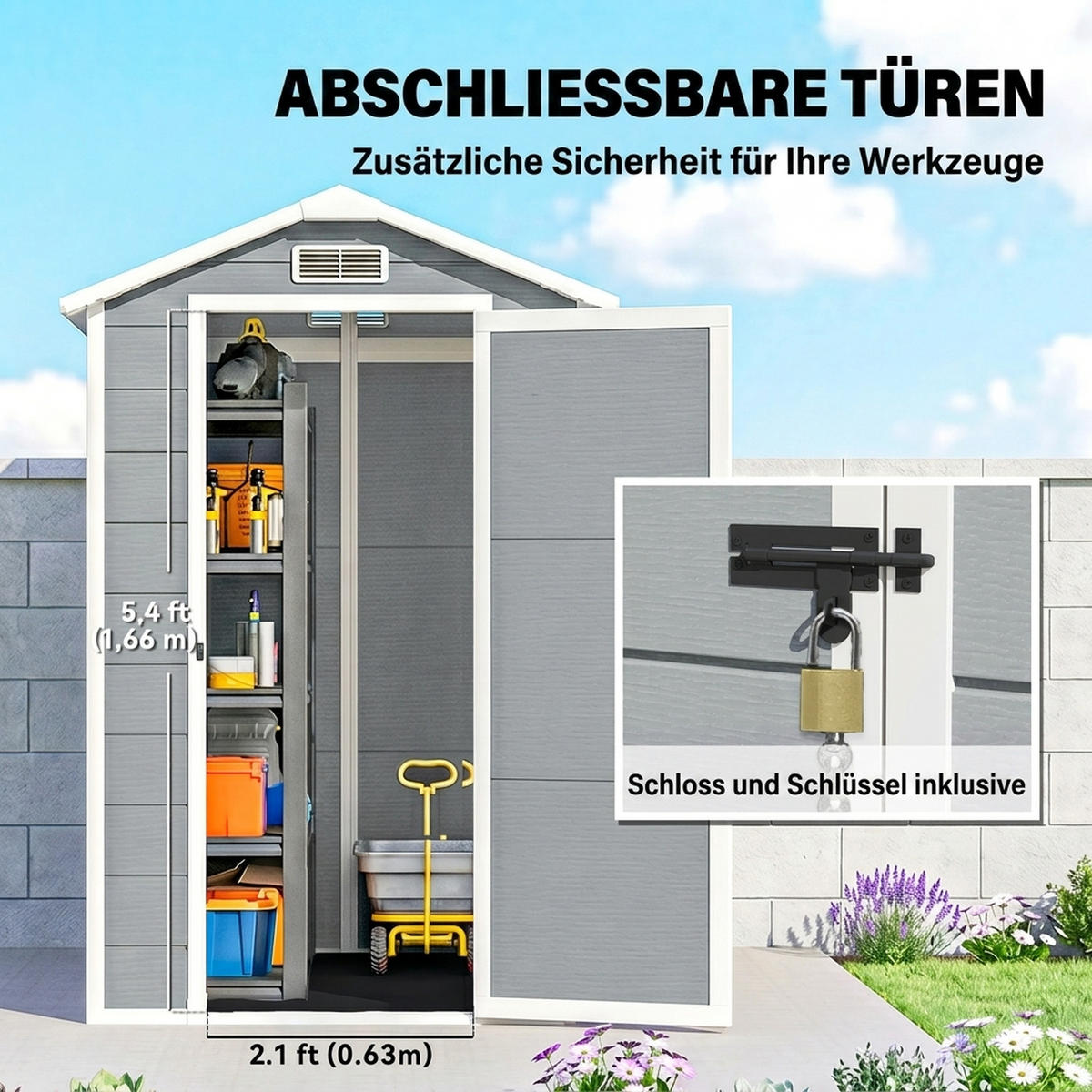 GERÄTEHAUS 2,1m², Wasserdicht mit Boden Pultdach Geräteschuppen - Grau, Kunststoff (131/198/186cm) - Outsunny