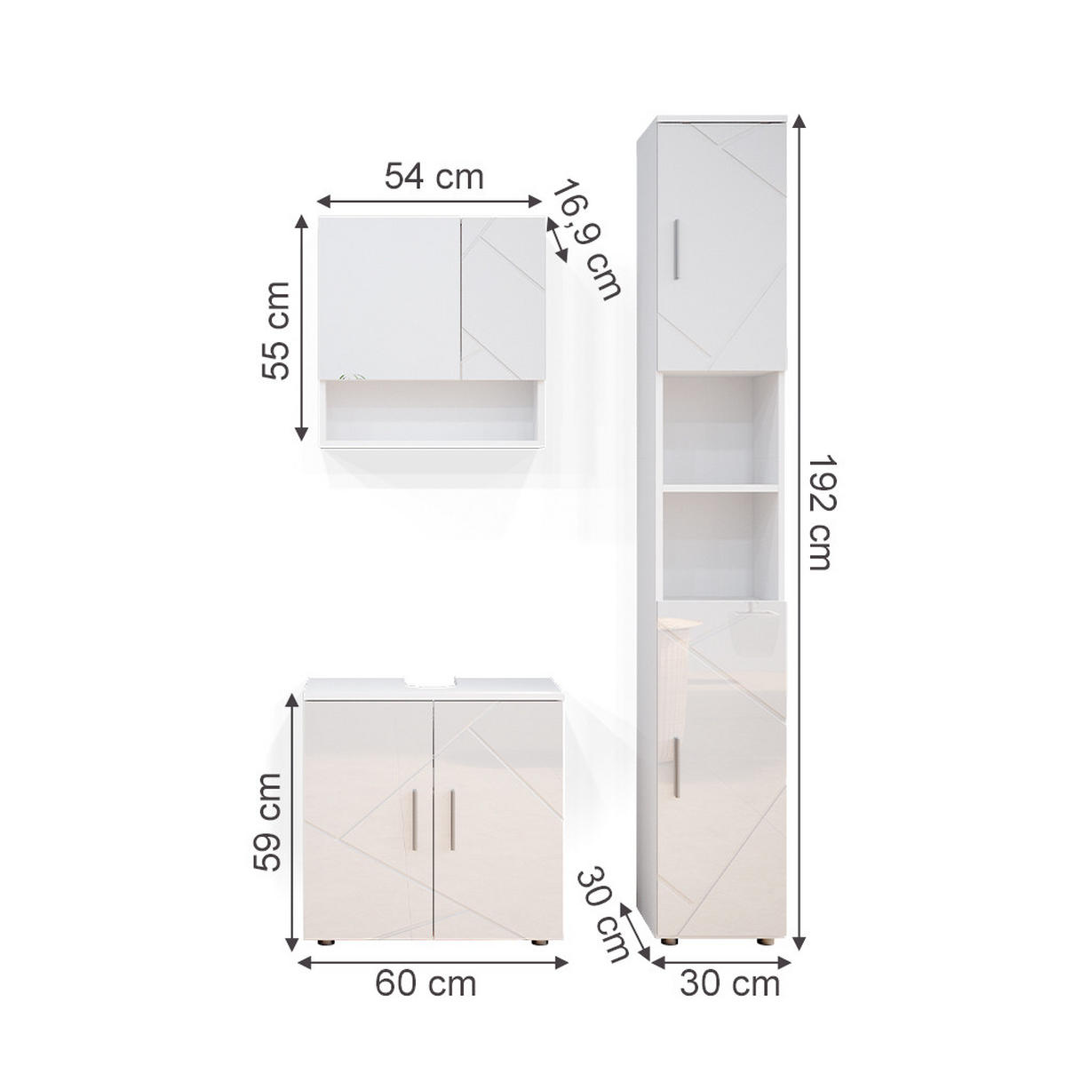 BADMÖBEL-SET Irma Weiß Hochglanz 3 Teile, mit Hochschrank - Weiß Hochglanz/Weiß, Holzwerkstoff (80/58.6/41cm) - Vicco