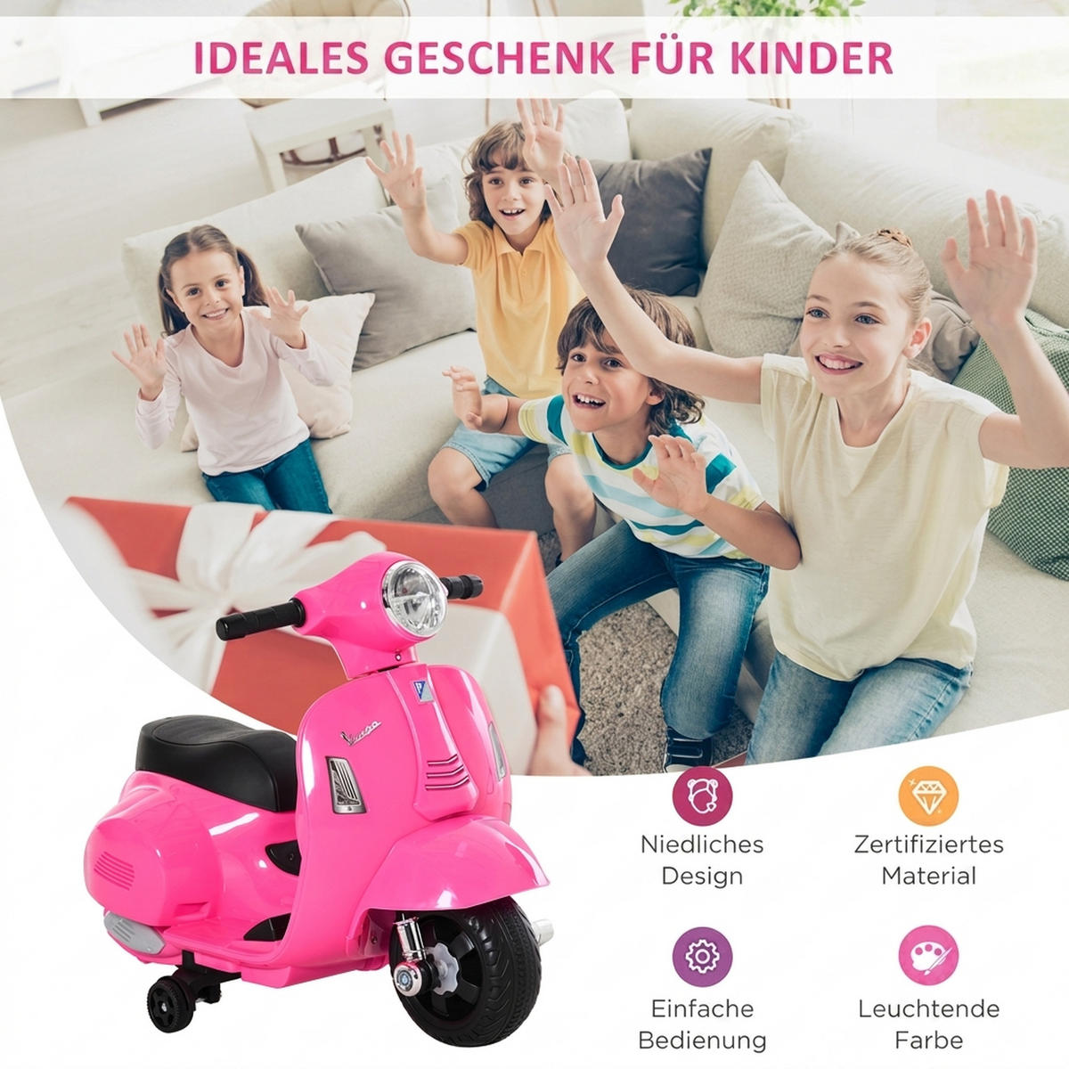 KINDERMOTORRAD Kunststoff Metall Rosa - Rosa, Kunststoff (66.5/38/52cm) - HOMCOM