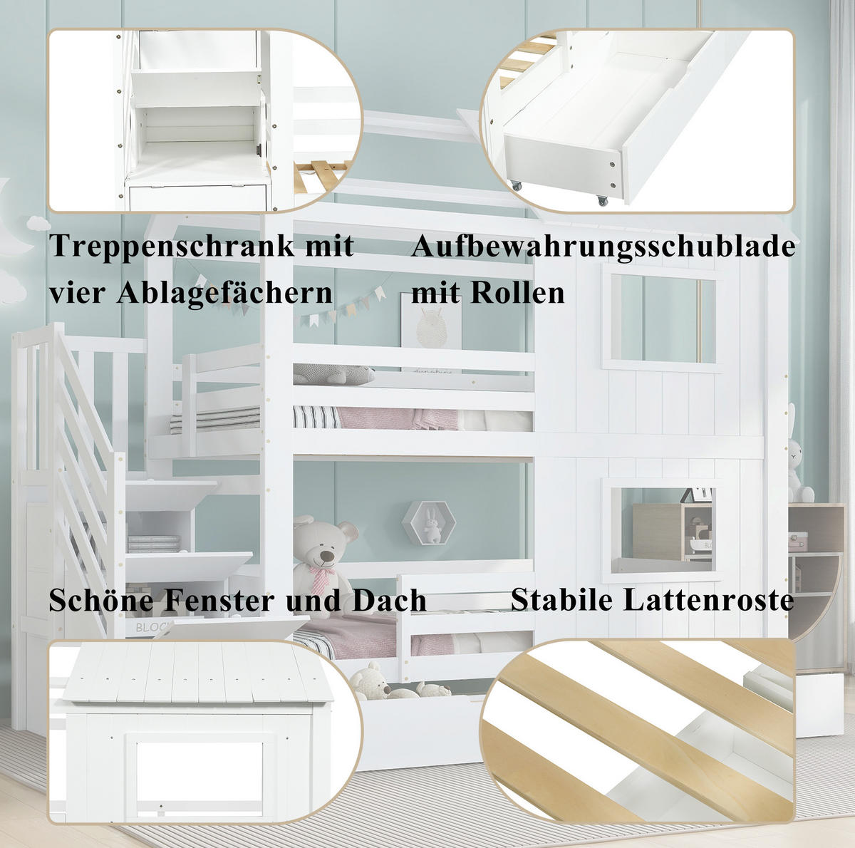 ETAGENBETT 90/200 cm aus Kiefer und MDF mit Treppenschrank, Rollschublade und Dach-Fenster-Design, Weiß - Weiß, Holz (90/200cm) - Redom