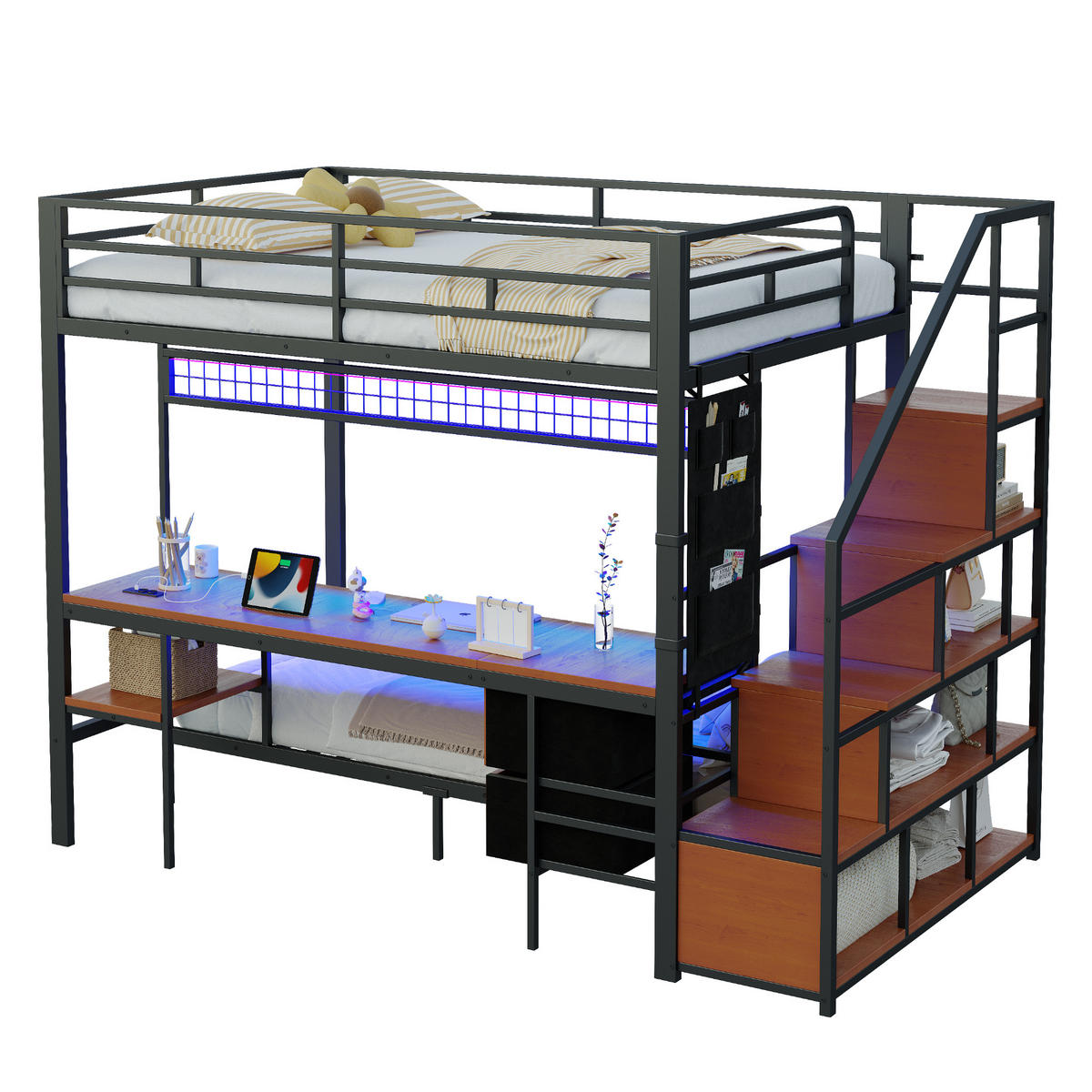 HOCHBETT 140/200 cm schwarz aus Metall und Holz mit Schreibtisch LED und Steckdosen - Schwarz, Metall (140/200cm) - OKWISH