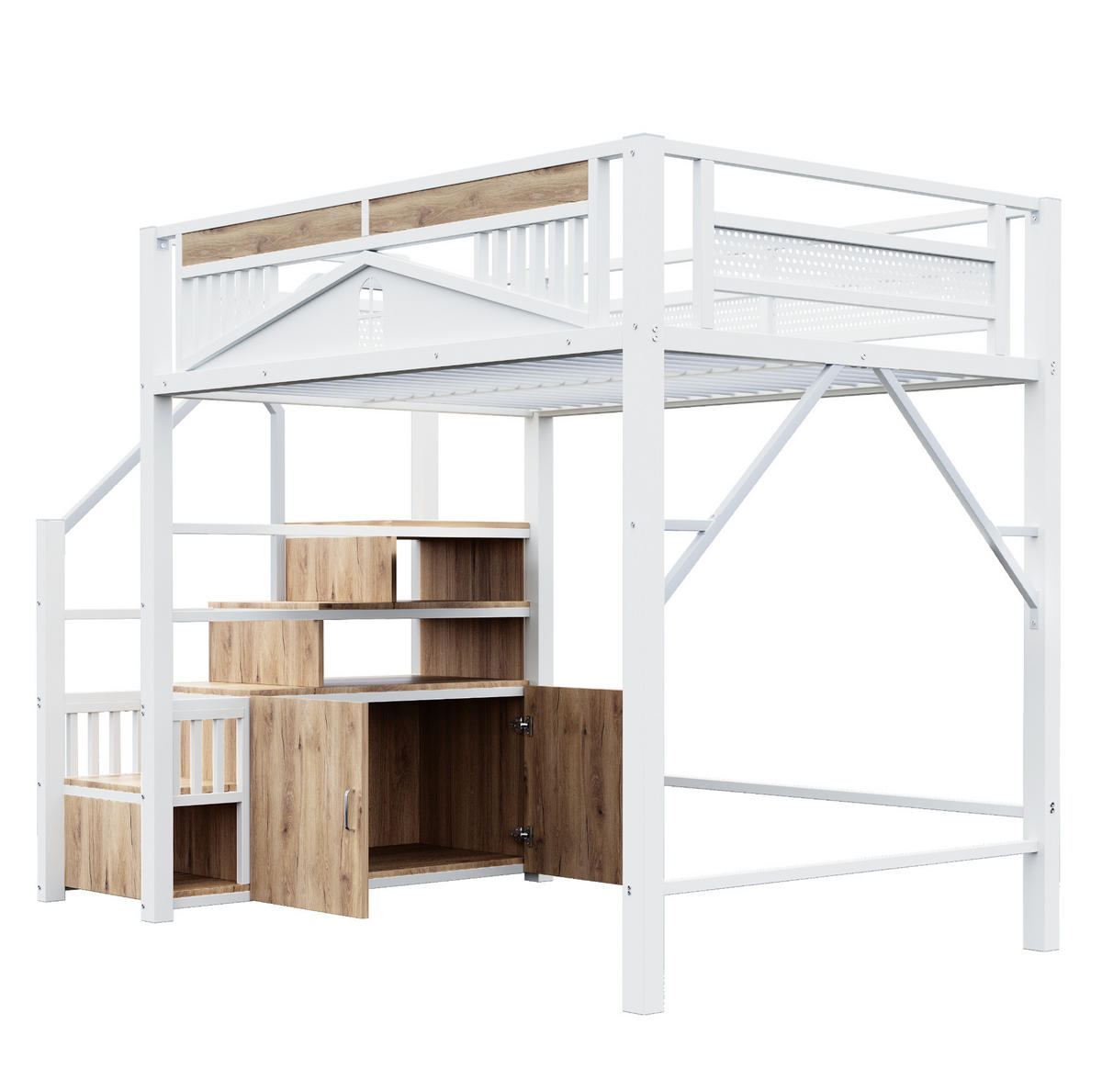 HOCHBETT 140/200 cm mit Treppe, Stauraum und Sicherheitszaun im Fensterdesign, Weiß - Weiß, Metall (140/200cm) - Redom