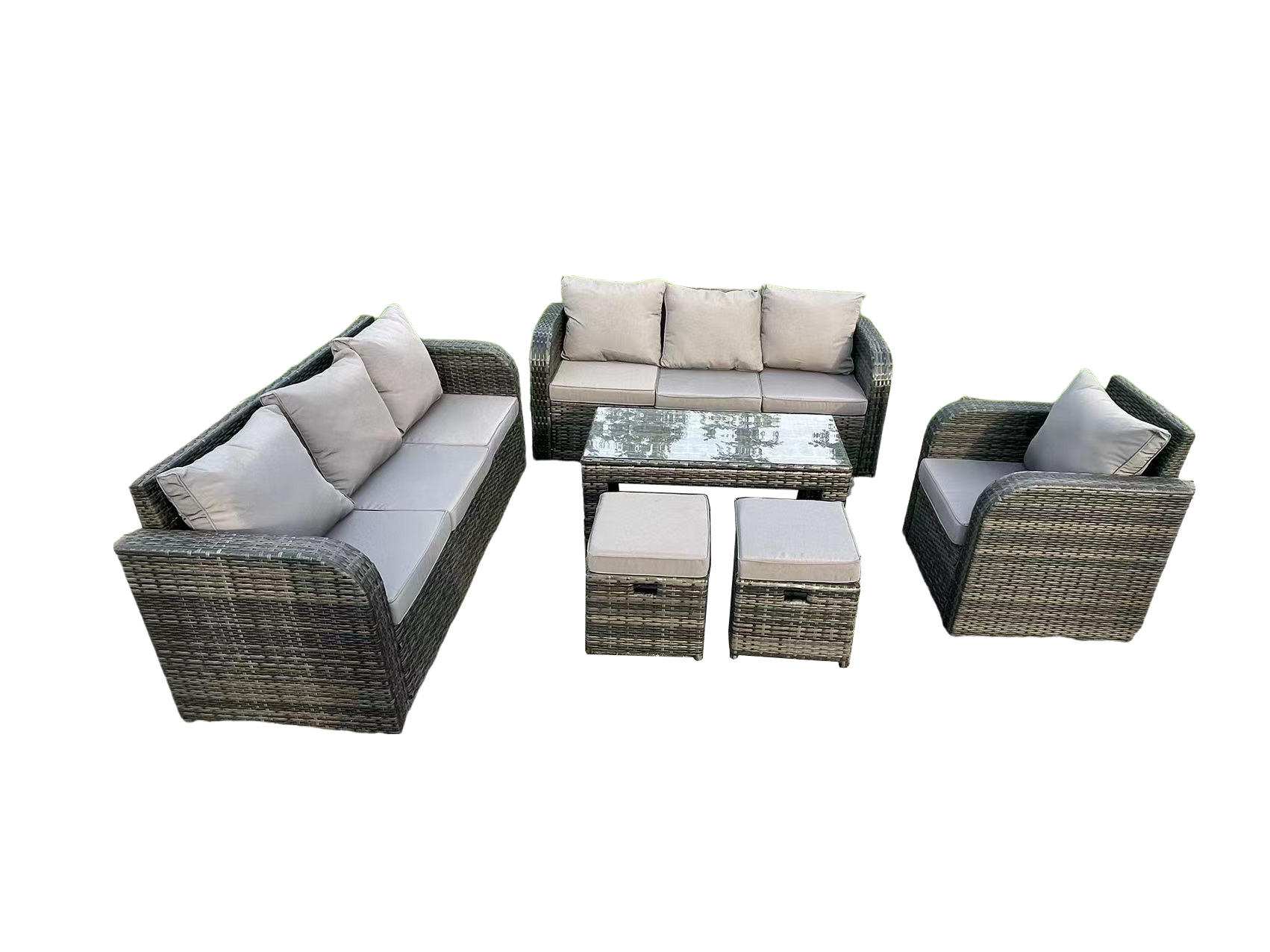 GARTENSET Polyrattan 9-Sitzer - Dunkelgrau/Grau, Glas/Kunststoff - Fimous