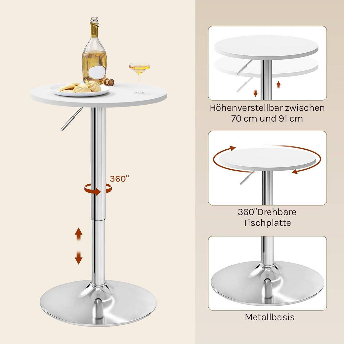 BARTISCH, höhenverstellbarer Tisch 70-91 cm, 52x52x91cm - Schwarz/Weiß, Holzwerkstoff/Metall (52/52/91cm) - Woltu