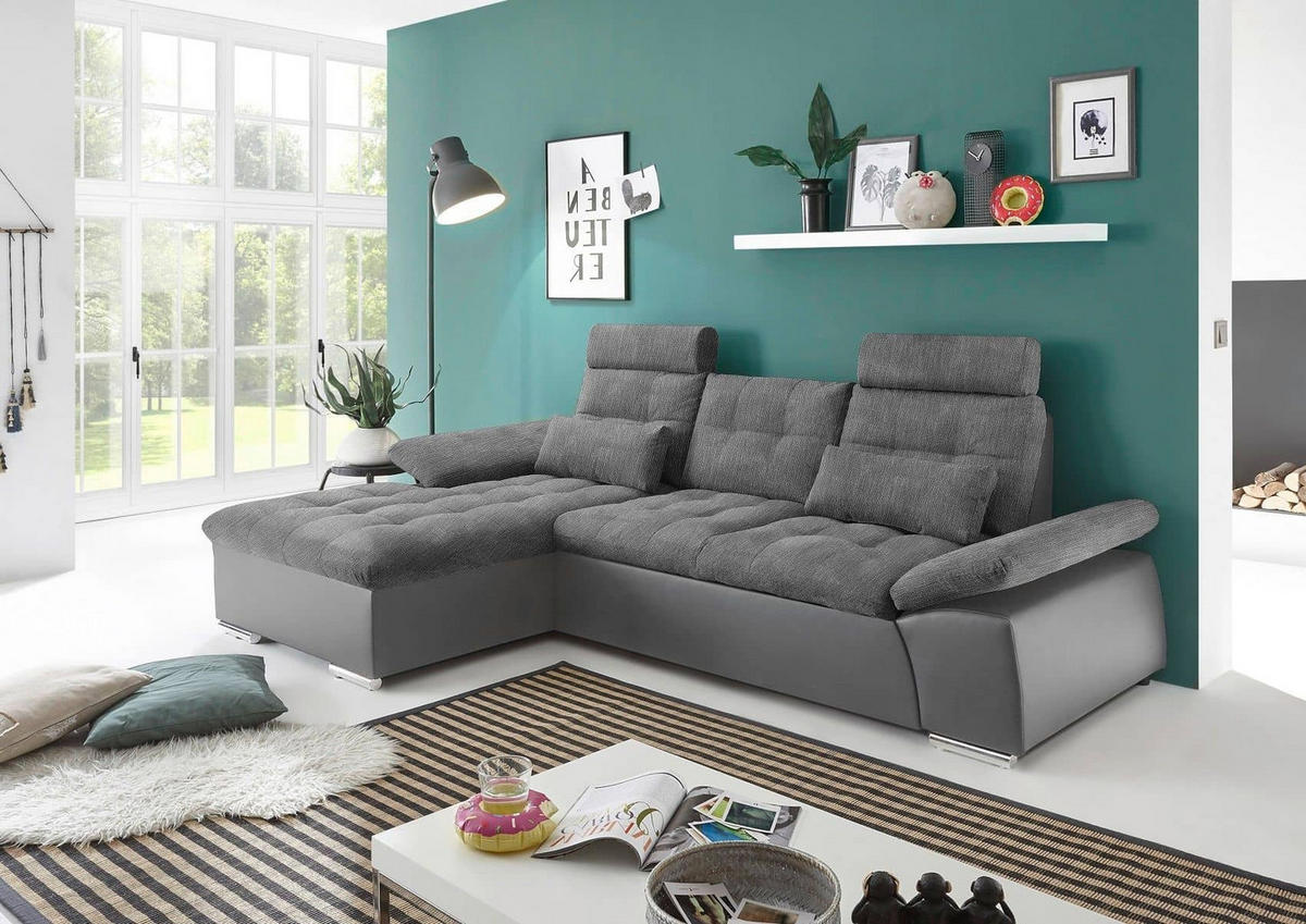 ECKSOFA mit Schlaffunktion und verstellbaren Armlehnen - Chromfarben/Grau, Kunststoff/Textil (268/170cm) - ed exciting design