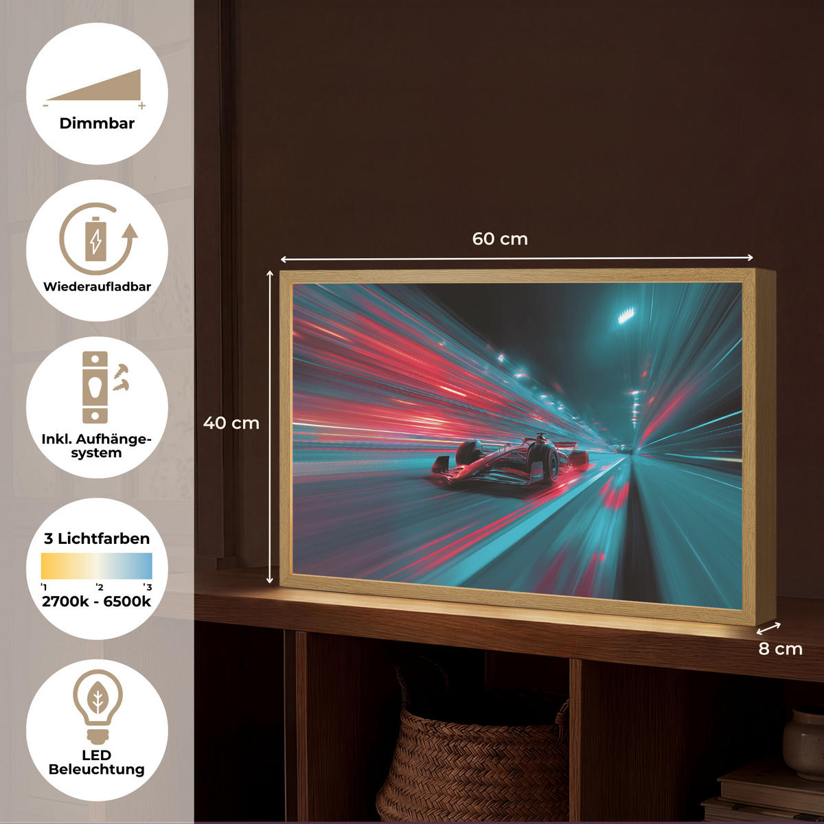 DOBÍJECÍ NOČNÍ LAMPIČKA Závodní auto - Červená - Rychlost 60x40 cm - tyrkysová, kompozitní dřevo (8/60/40cm) - OnlyWow
