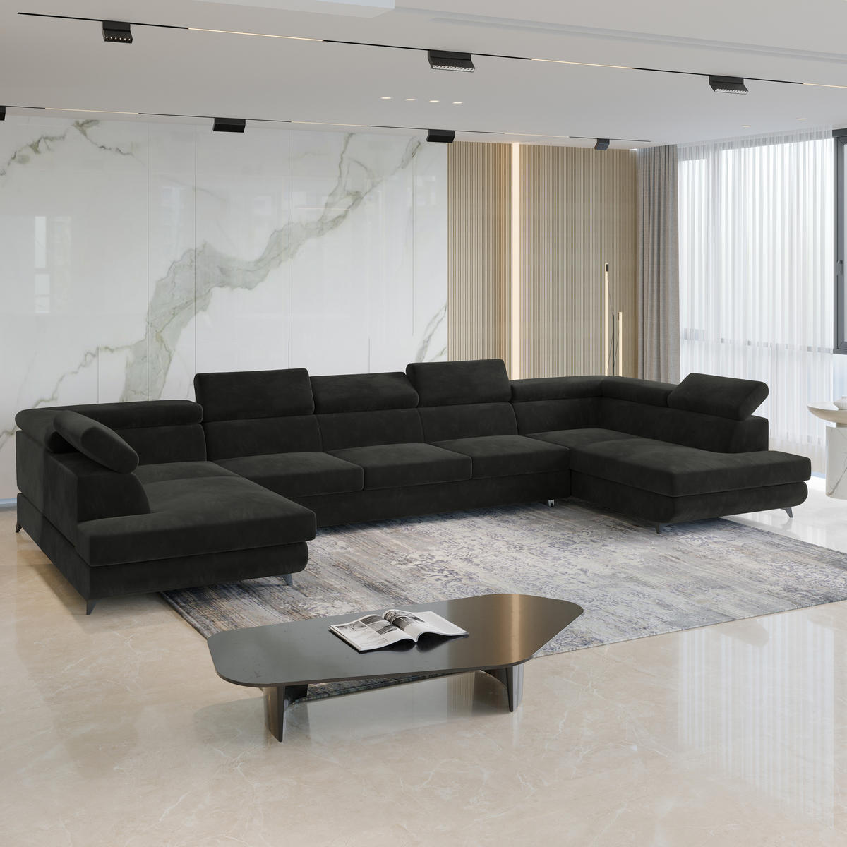 WOHNLANDSCHAFT URMANO Schwarz Velours-Stoff mit Schlaffunktion - Schwarz, Holz (395/89/190cm) - MASSENO