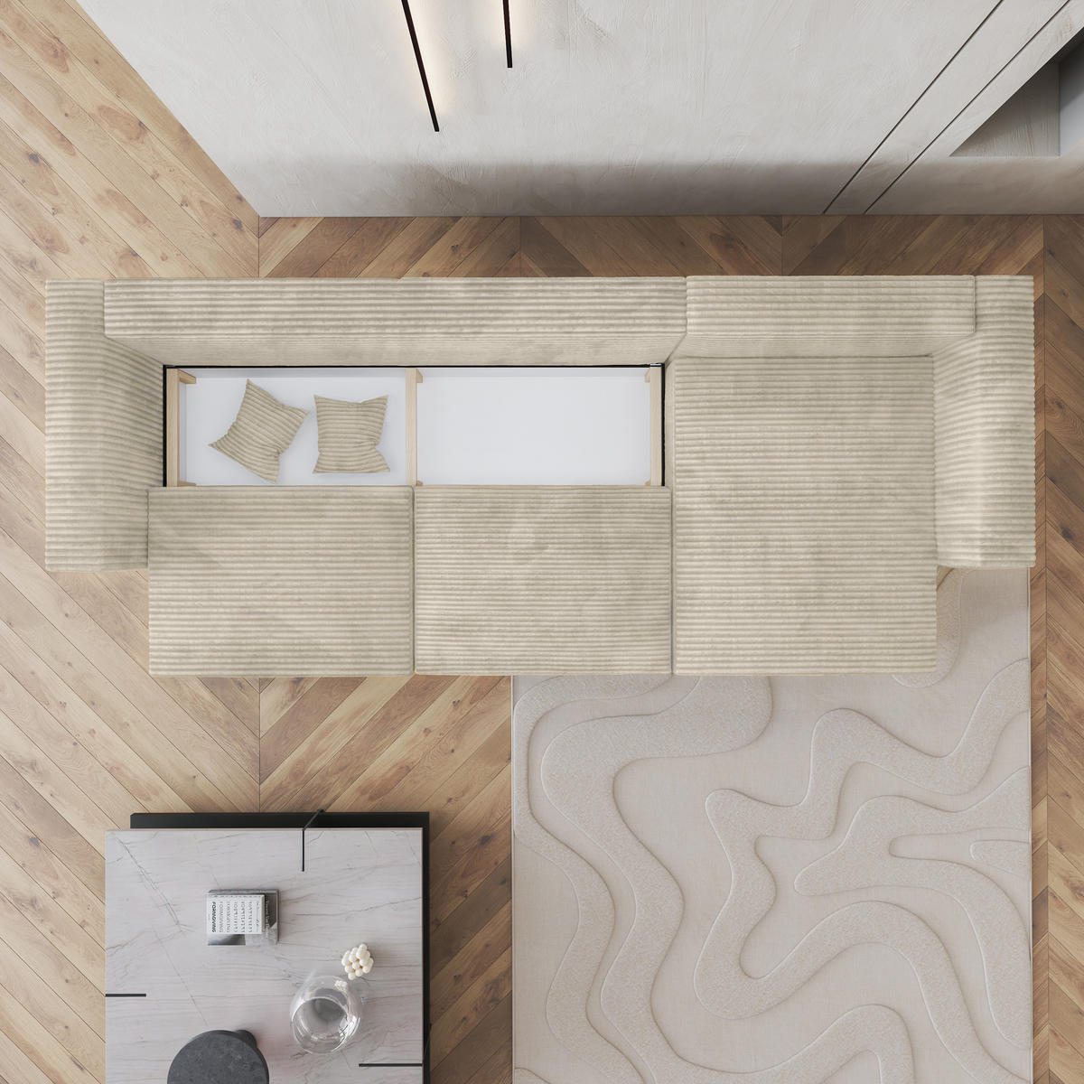 ECKSOFA TOLMO Creme Kordstoff mit Schlaffunktion - Creme, Holz (347/148cm) - MASSENO