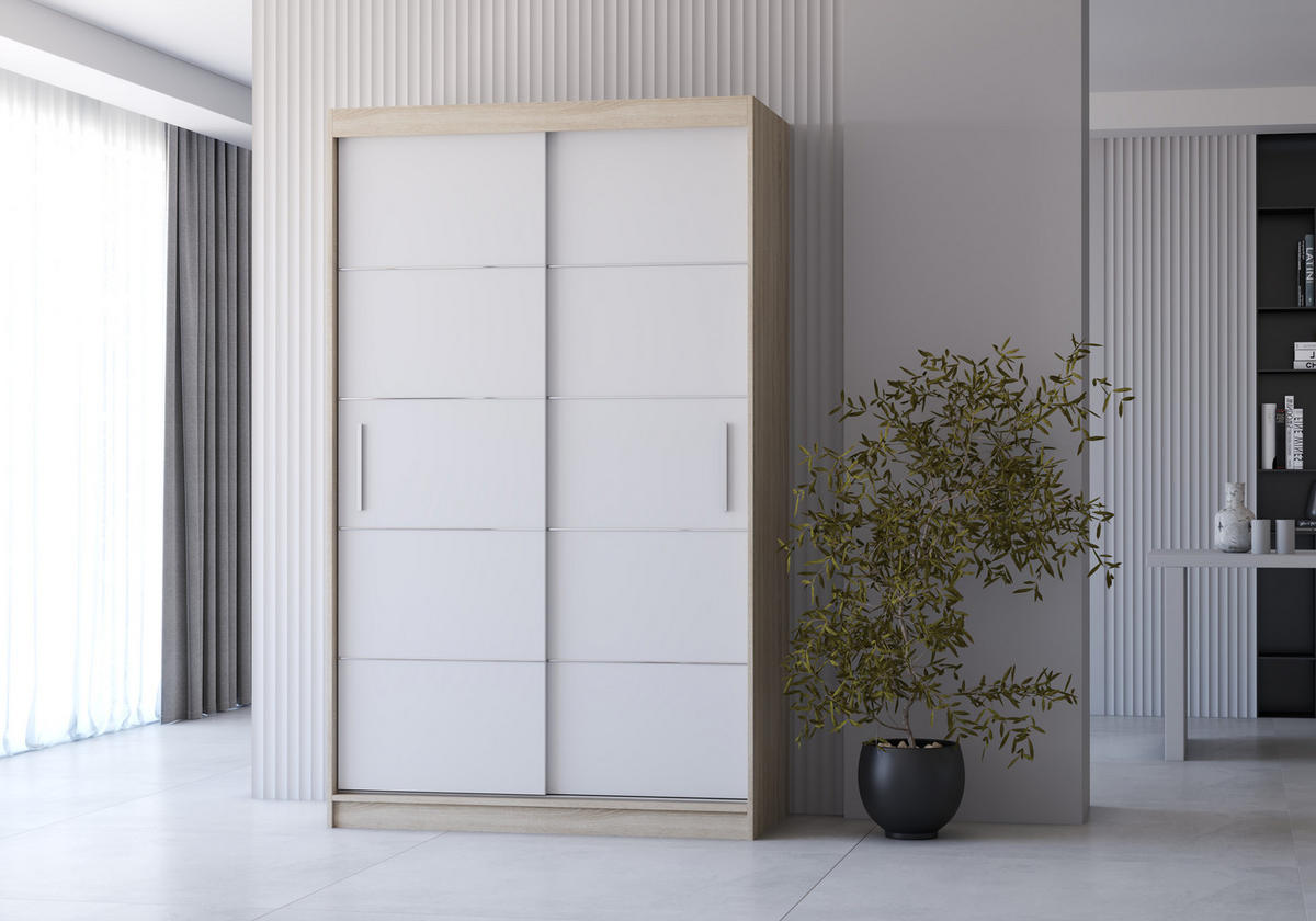 SCHIEBETÜRENSCHRANK - Noah 06 - Sonoma + Weiß - Weiß/Sonoma Eiche, Holzwerkstoff/Metall (120/200/61cm) - Möblo