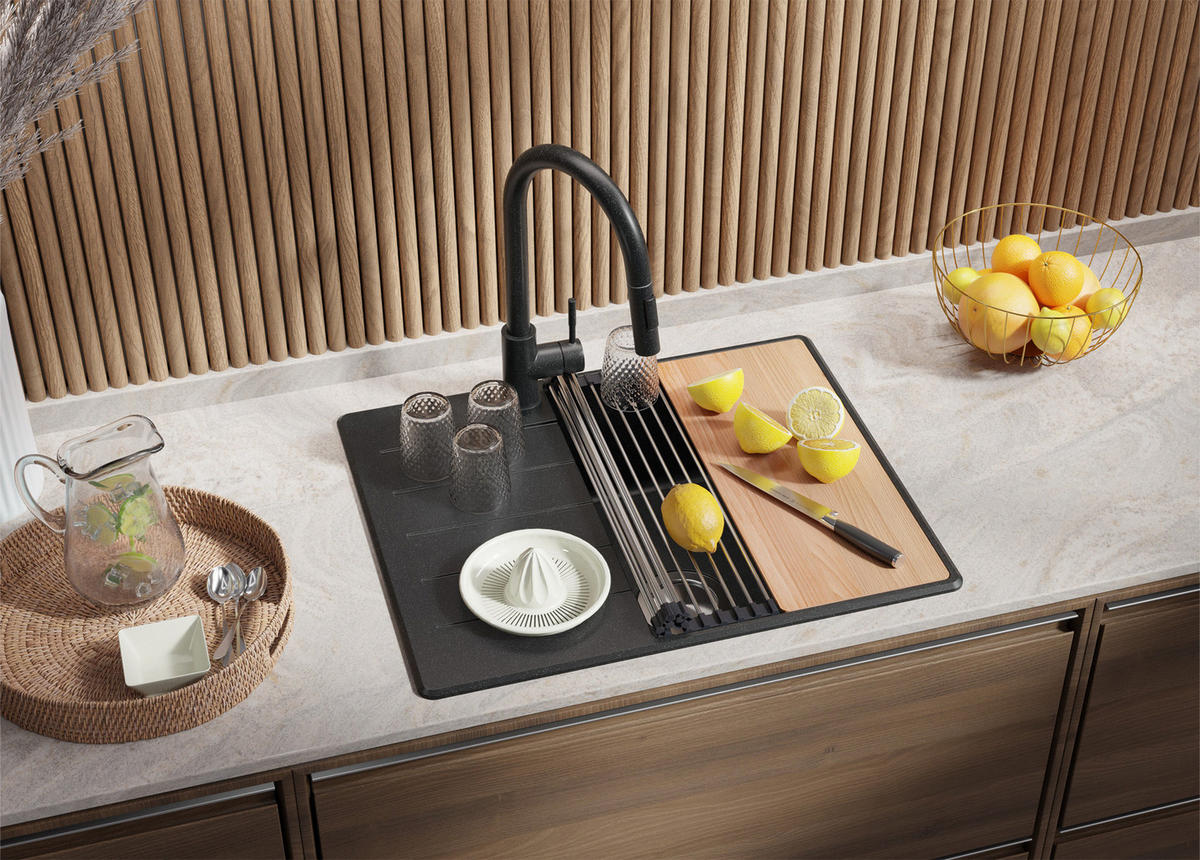 SPÜLBECKEN Kopenhagen, 2-er set Anthrazit 62/50 cm 1 Becken + Ablauf-Set + Schneidebrett ab 45er Unterschrank - Chromfarben/Anthrazit, Kunststoff (62/20/50cm) - Primagran