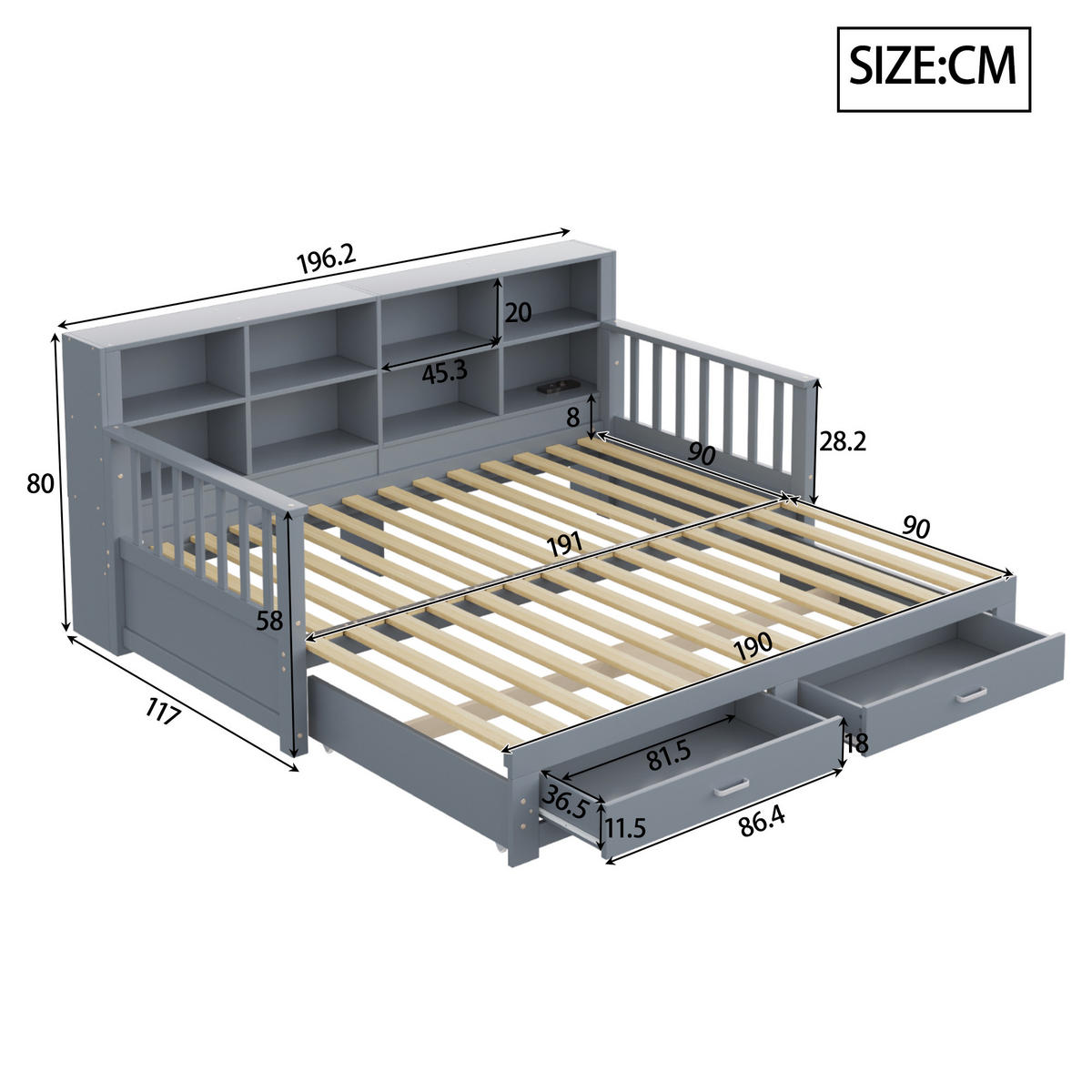 MULTIFUNKTIONSBETT 90/190 cm grau aus Holz mit Ausziehfunktion und Steckdose - Grau, Holzwerkstoff (90/190cm) - OKWISH
