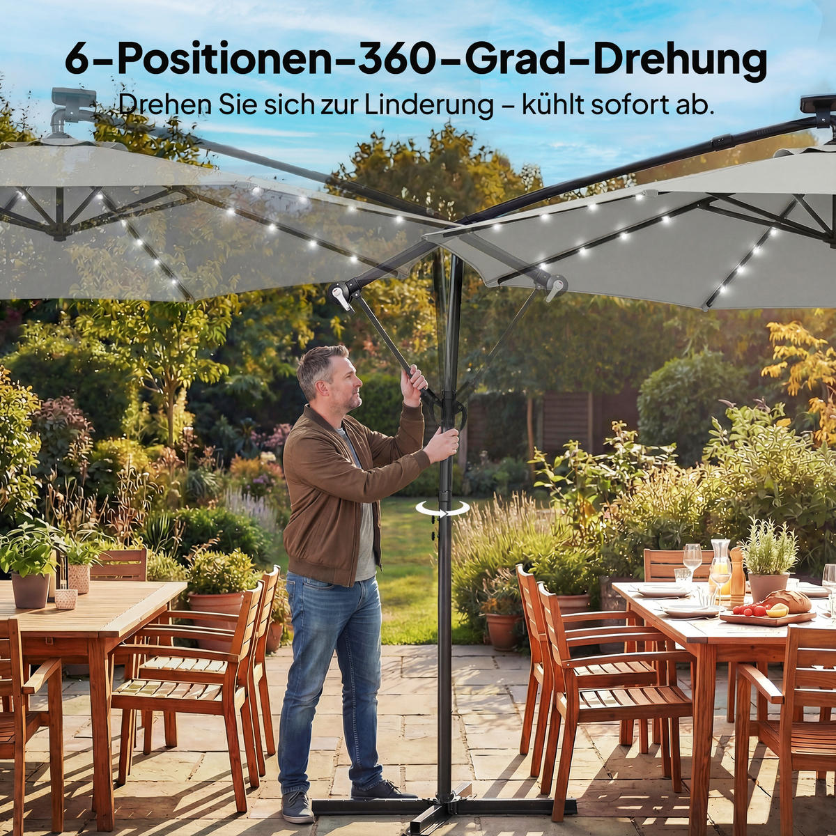 AMPELSCHIRM mit Solar LED aus Polyester Hellgrau Ø300 cm - Hellgrau, Textil/Metall (300/300cm) - Outsunny