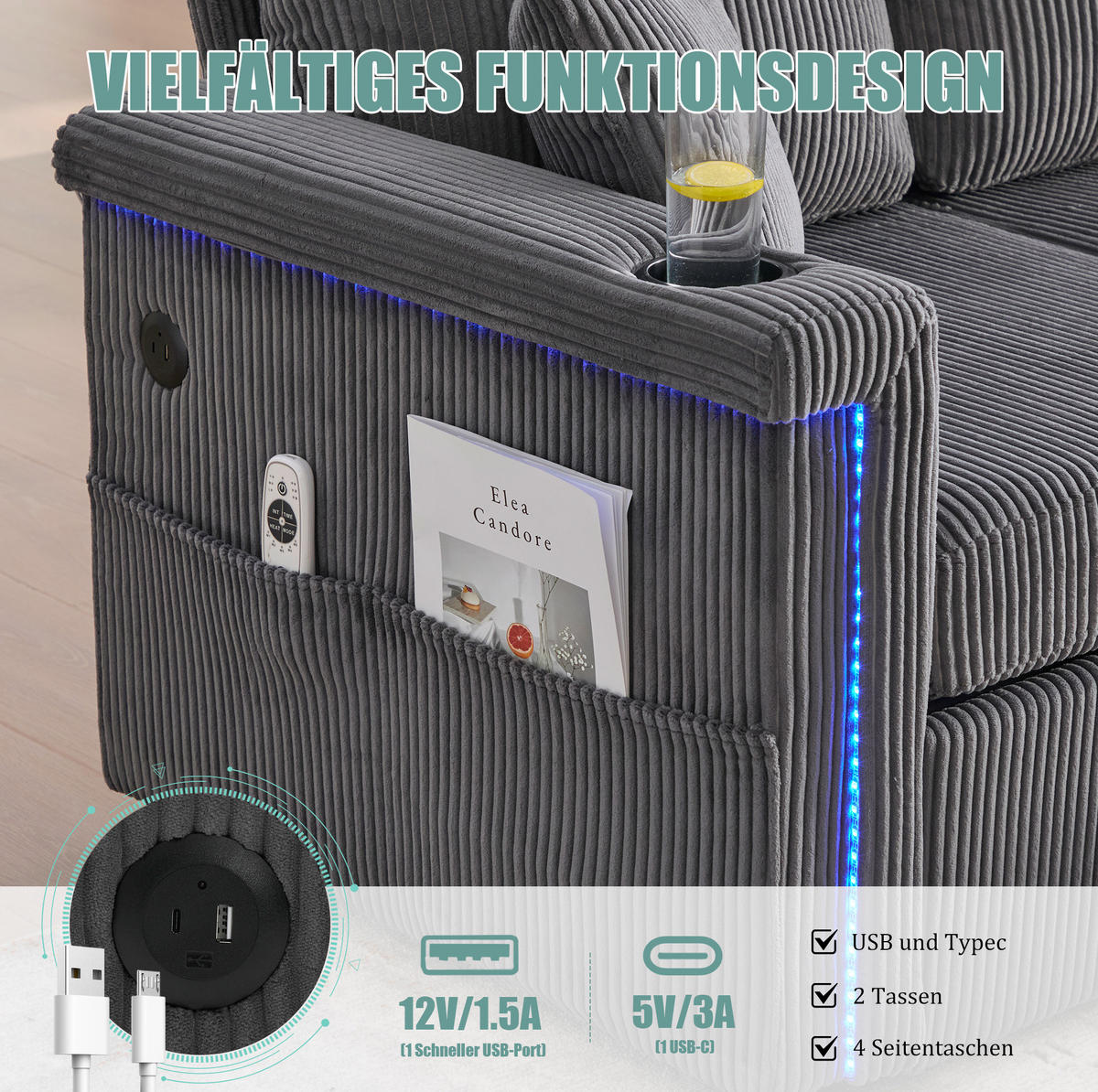 SOFA Corduroy mit LED und USB-Anschluss Stauraum 194/73/81 cm Dunkelgrau - Dunkelgrau, Textil (73/194cm) - Redom