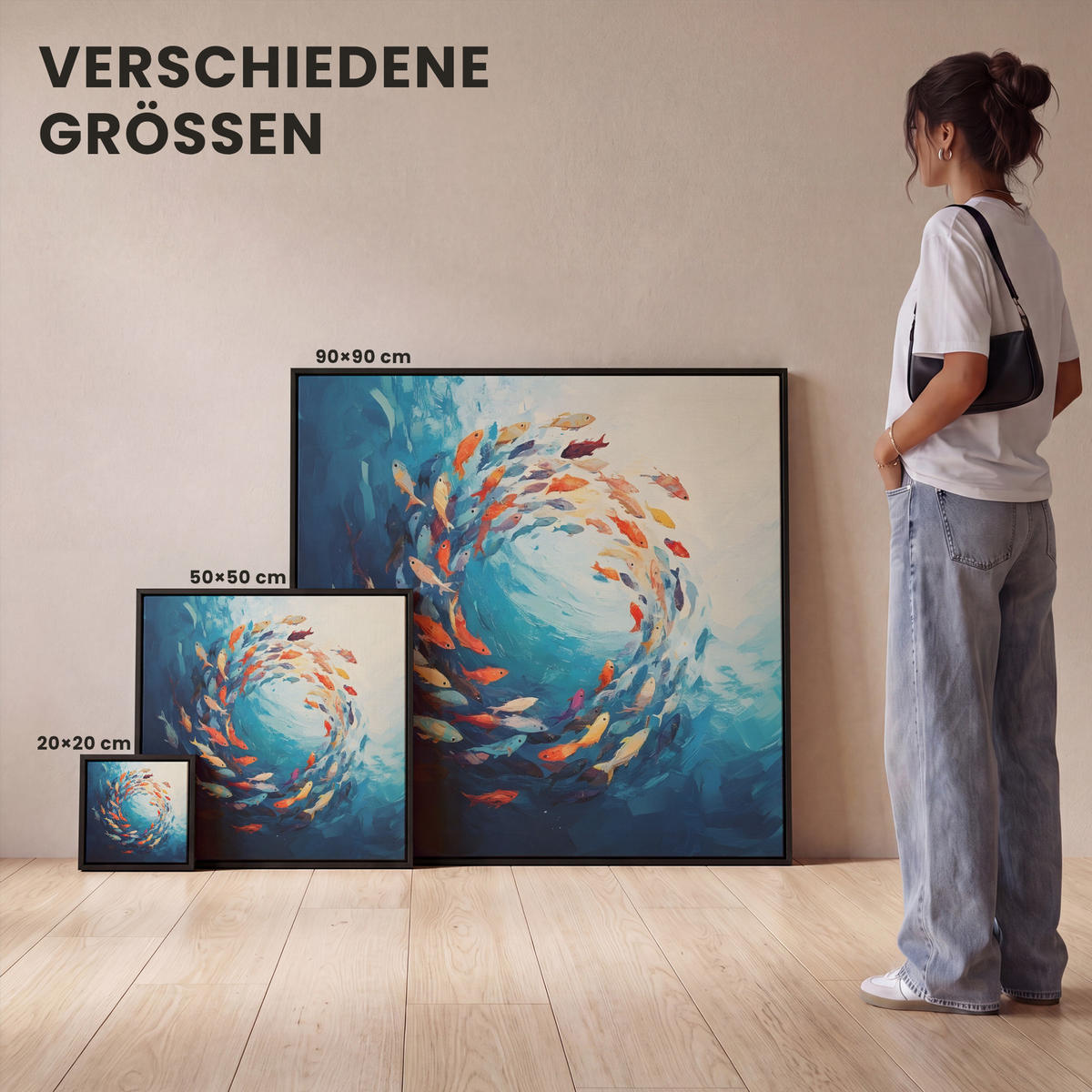 LEINWAND Bilder mit Rahmen - Meer - Fische - Bunt - Dynamisch - 50x50 - Hellblau, Textil (50/50cm) - MuchoWow