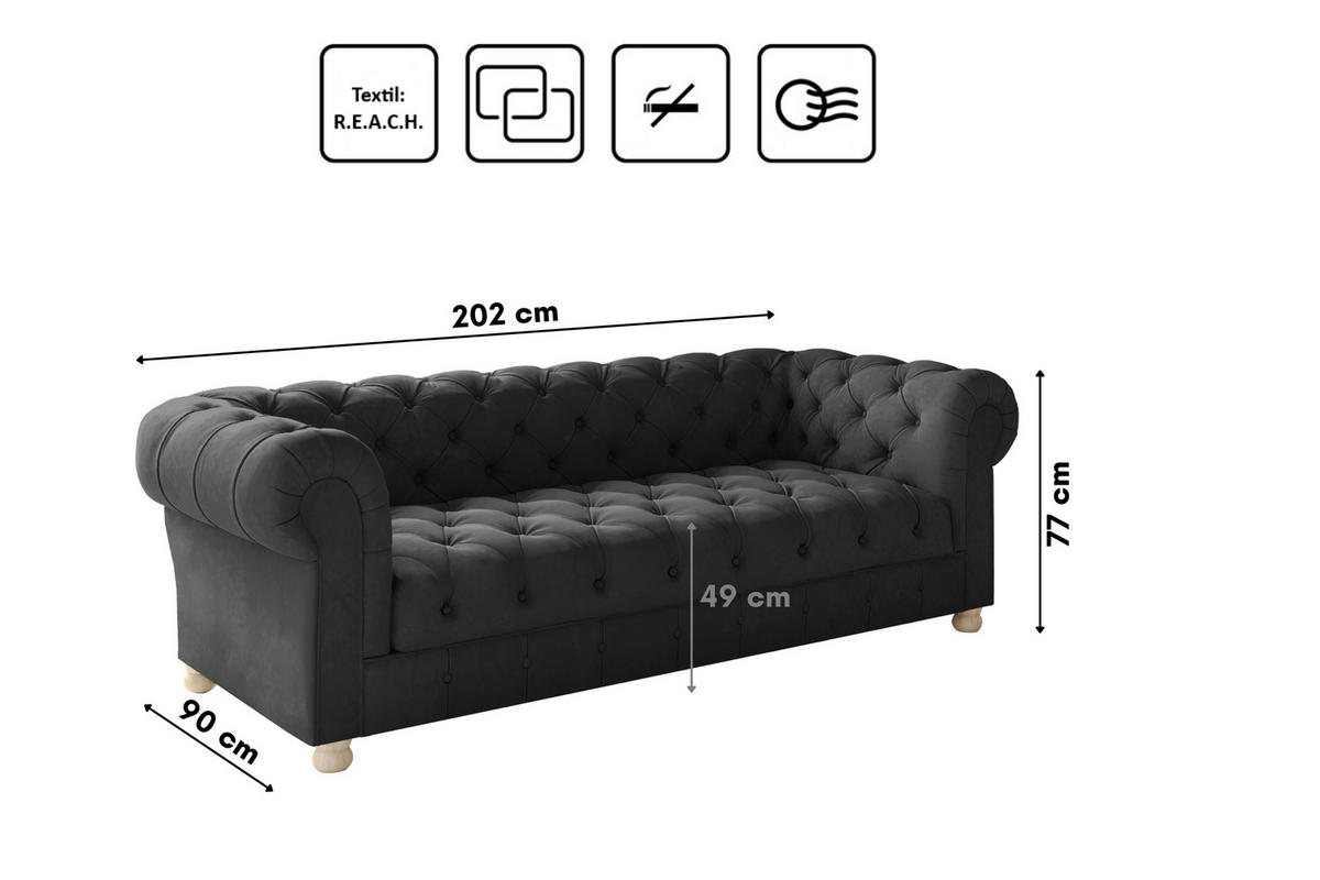 SOFA CHESTERFIELD Elegant Klassisch Schick Stoff Whisper Velours Graphit - Graphitfarben, Holz/Textil (202/77/90cm) - Kaiser Möbel