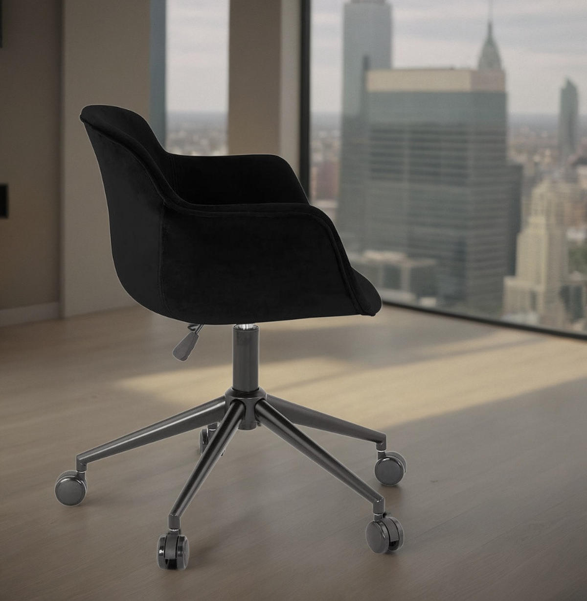 BÜROSTUHL Samt mit Rollen, 360° drehbar und höhenverstellbar PILANO, Schwarz 54x59x80 cm - Schwarz, Textil/Metall (59/80/54cm) - KADIMA DESIGN