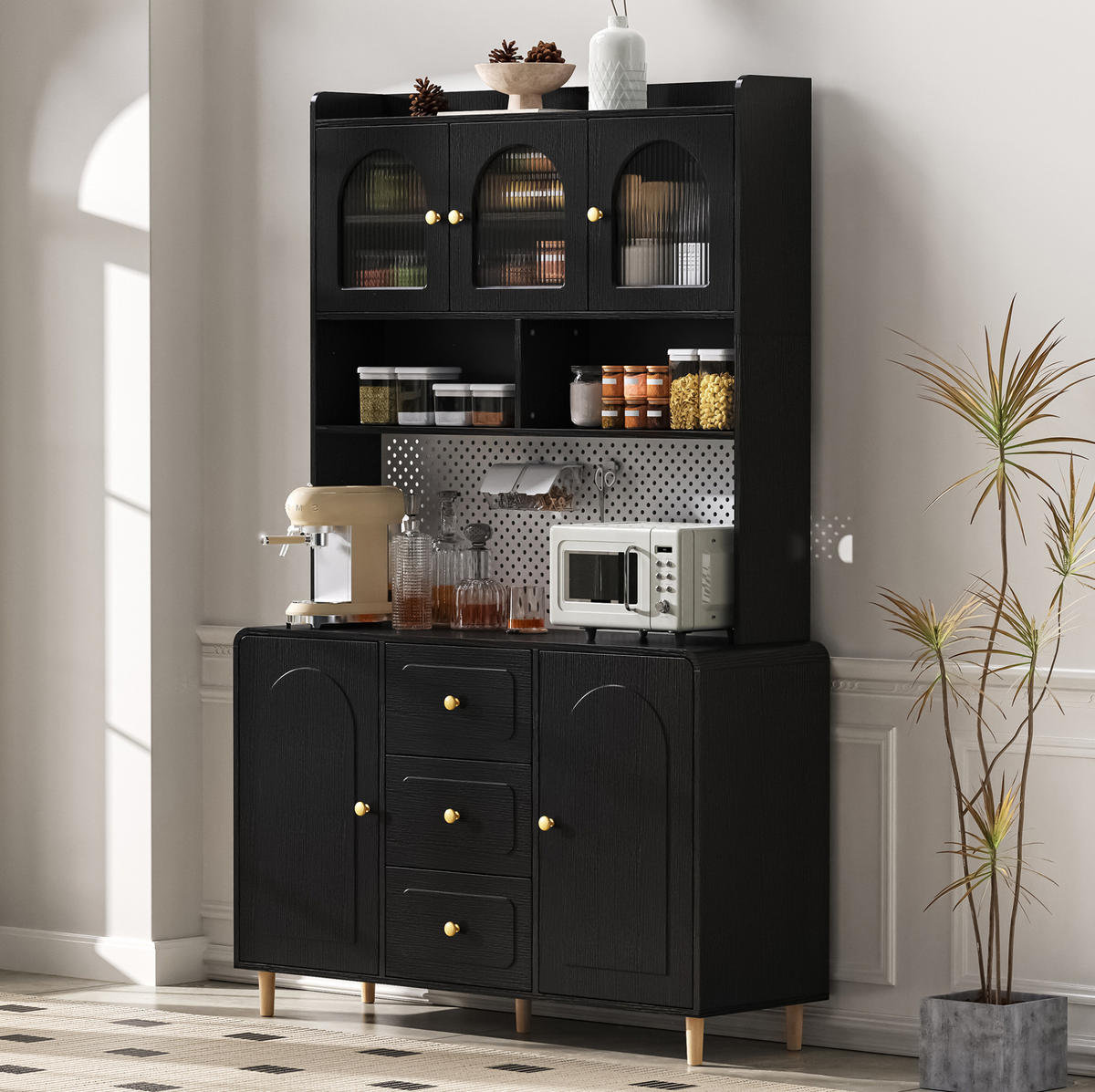 BUFFETSCHRANK 120/40/190 cm mit Lochplatte, 3 Schubladen und verstellbaren Einlegeböden, Schwarz - Schwarz, Holzwerkstoff (120/190/40cm) - Redom