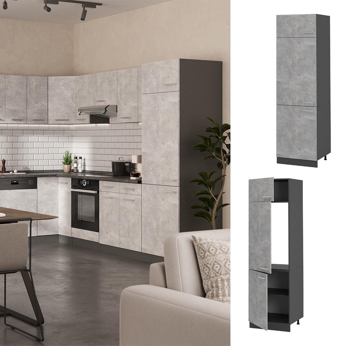 KÜHLUMBAUSCHRANK R-Line Beton 60 cm - Anthrazit/Grau, Holzwerkstoff (60/206.8/57.2cm) - Vicco