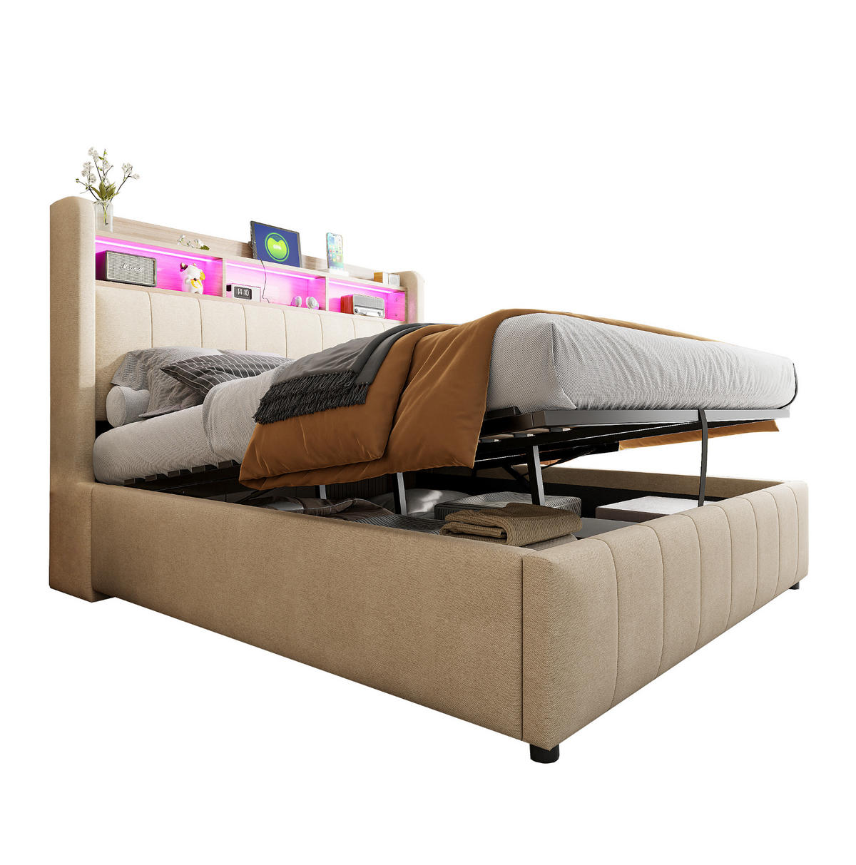 POLSTERBETT aus Leinenstoff 140x200 cm Beige mit LED-Beleuchtung, USB-Anschluss und hydraulischem Bettkasten - Beige, Textil (140/200cm) - IVMEU