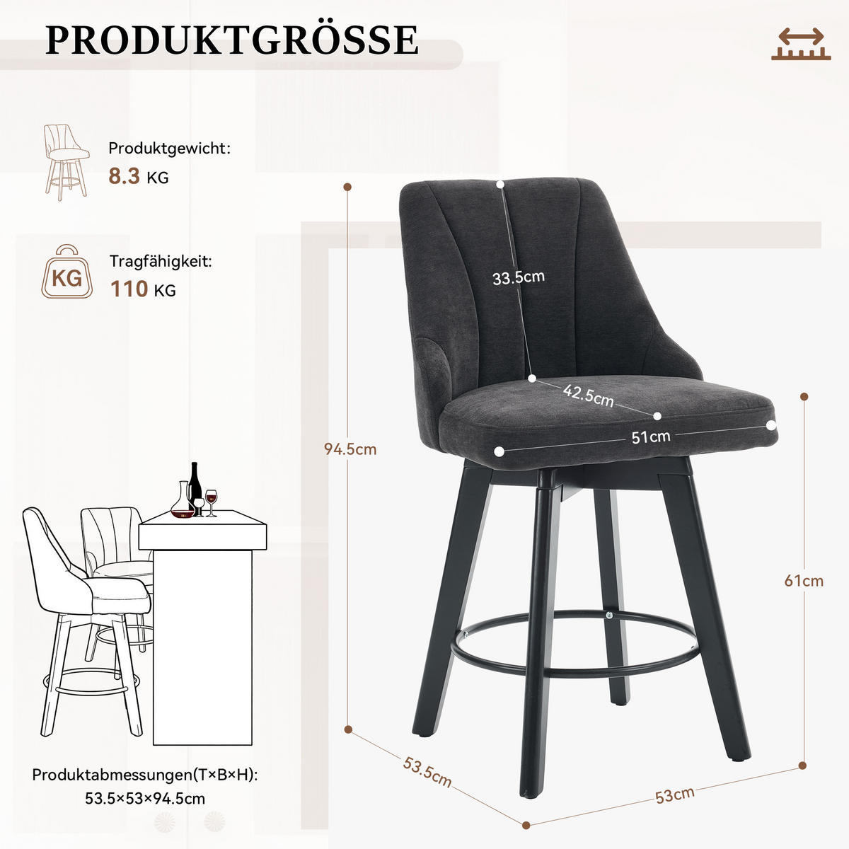 BARHOCKER DE-36254 2er-Set mit 360°-Drehung Grau - Grau, Metall (53/94.5/53.5cm) - ComfortXL