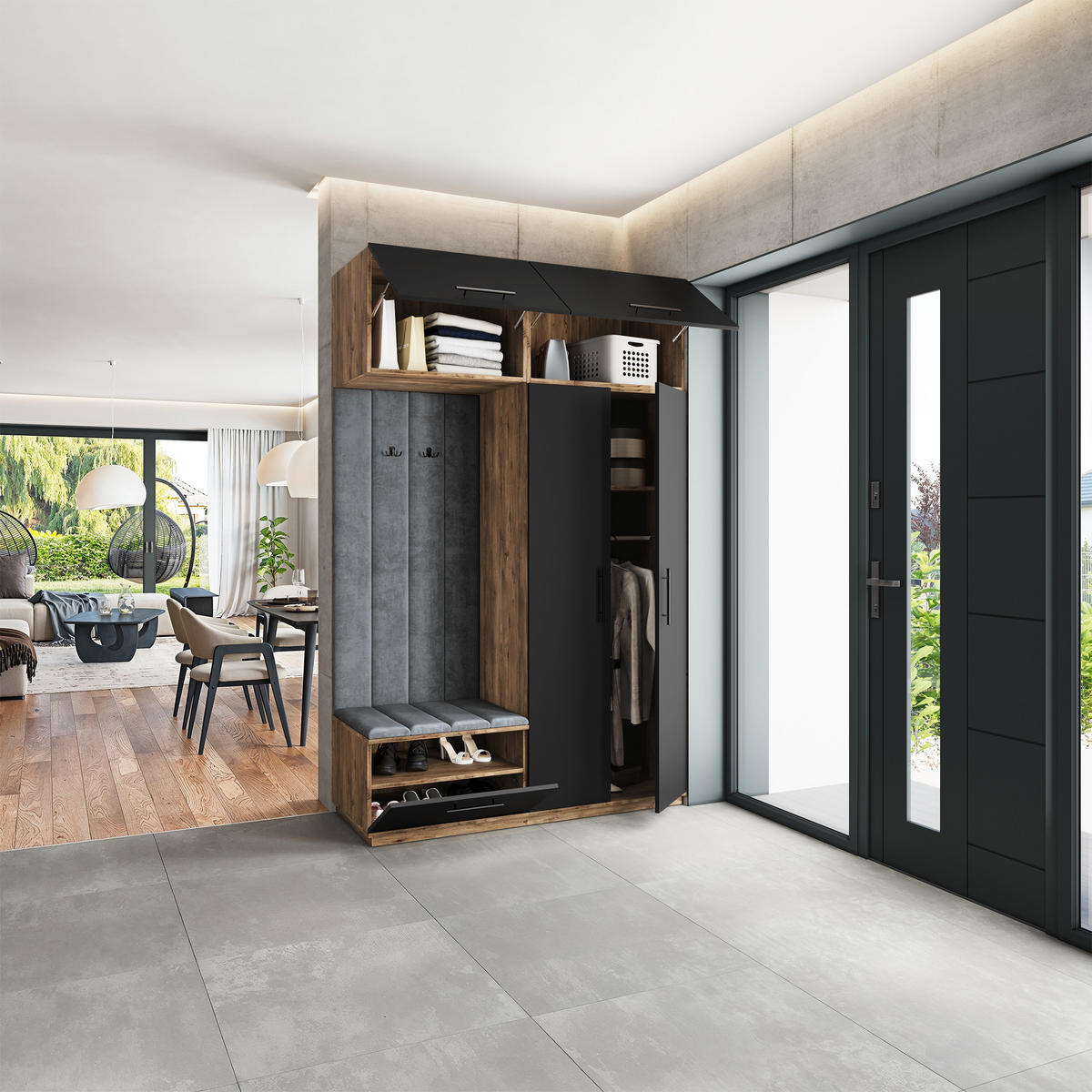 GARDEROBENSCHRANK REMA 150/240/60 cm Modern Garderobe-Set Eiche Lefkas - Eichefarben/Schwarz, Holzwerkstoff (150/240/60cm) - MASSENO