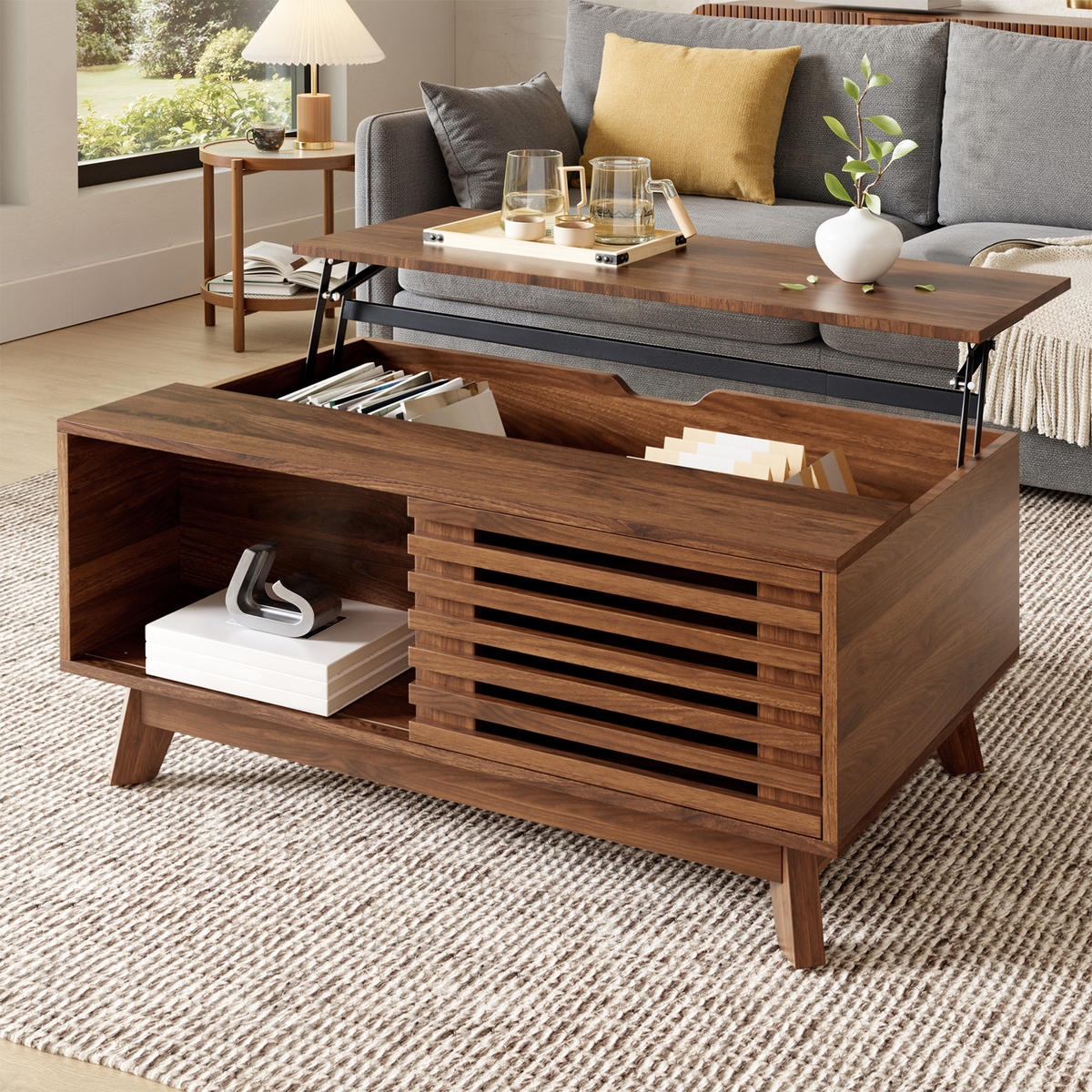 COUCHTISCH walnuss-optik mit lift-funktion & jalousie-schiebetür - Walnussfarben, Holzwerkstoff (55/90/57.5cm) - Urban Meuble