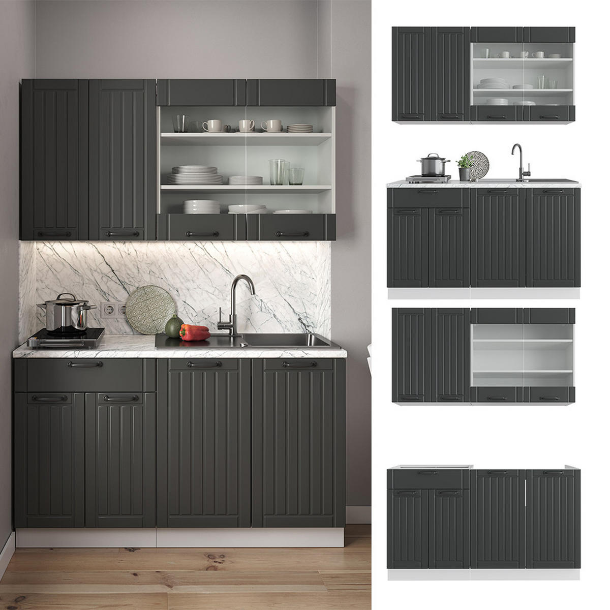 SINGLEKÜCHE Fame-Line Anthrazit Landhaus/Weiß 140 cm, AP Anthrazit - Dunkelgrau/Weiß, Holzwerkstoff (140/81.6/60cm) - Vicco