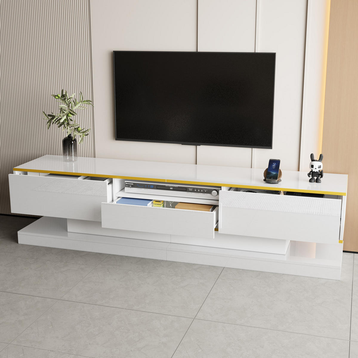 TV-SCHRANK 180x38cm Modern Hochglanz 3 Schubladen 1 Fach LED Farbwechsel - Weiß, Holz (44.45/20.96/78.74cm) - FLIEKS