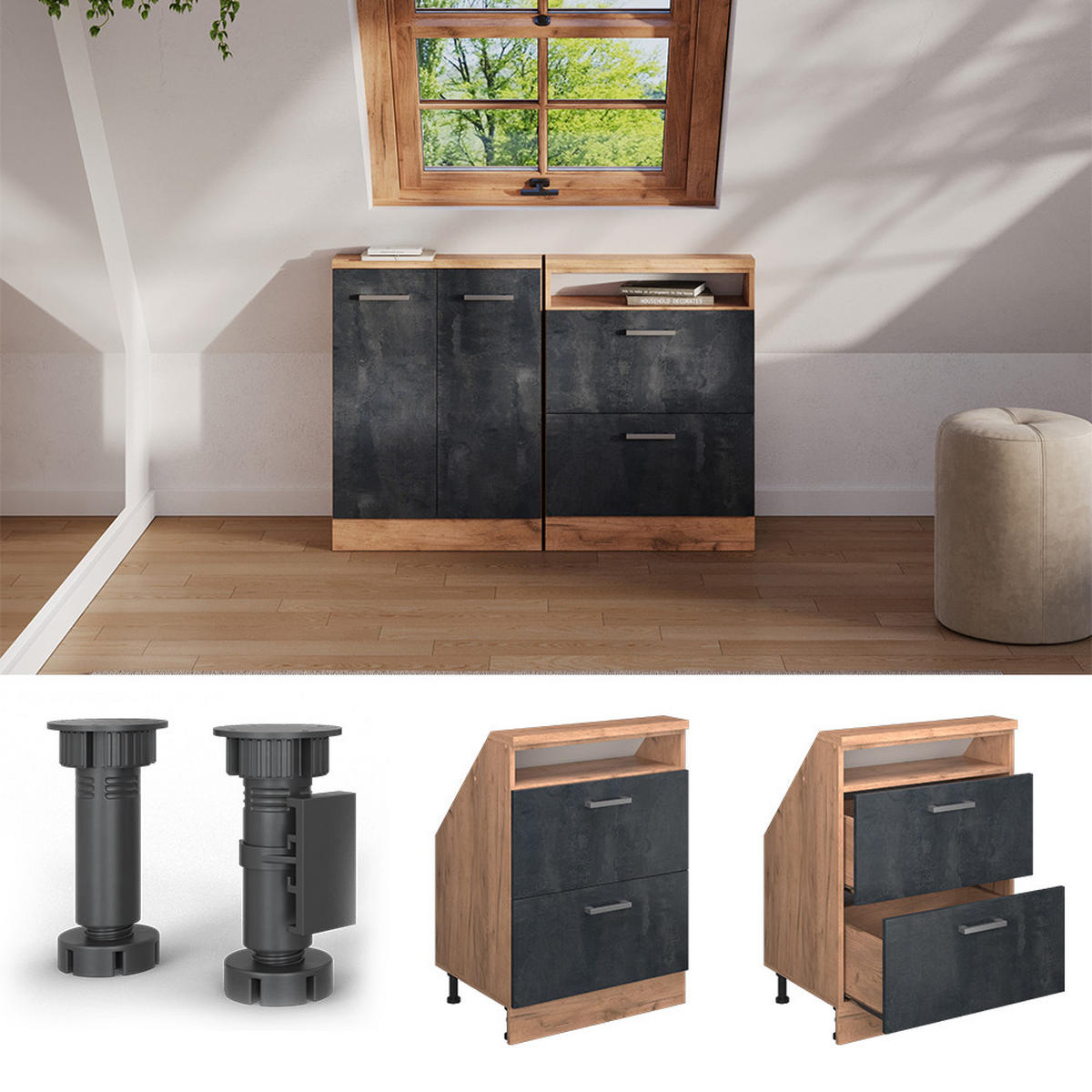 ŠIKMÁ SKŘÍŇ Rion Černý beton/zlatý dub - medově dubová/černá, kompozitní dřevo (60/81.6/46cm) - Vicco