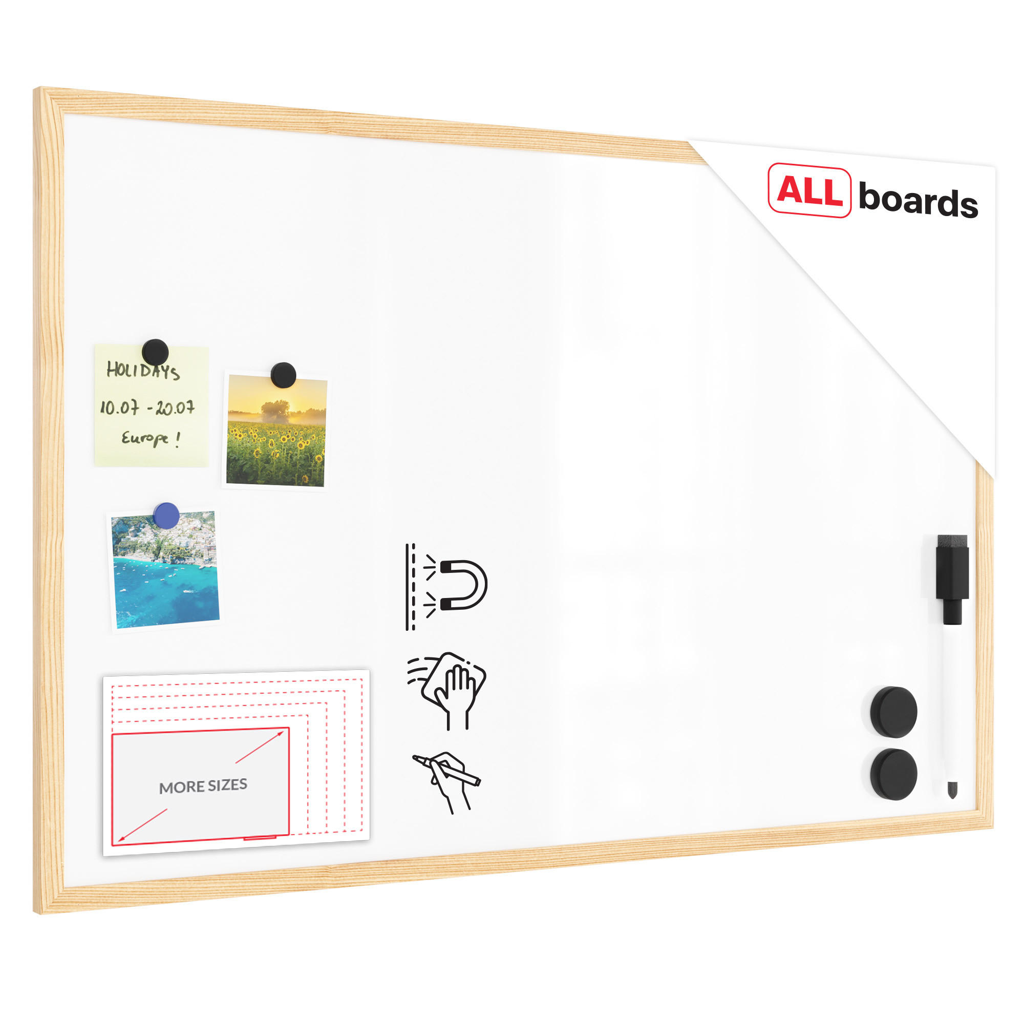 WHITEBOARD Magnetisch mit Naturholzrahmen 90x60cm - Weiß, Metall (90/60/1.5cm) - ALLboards