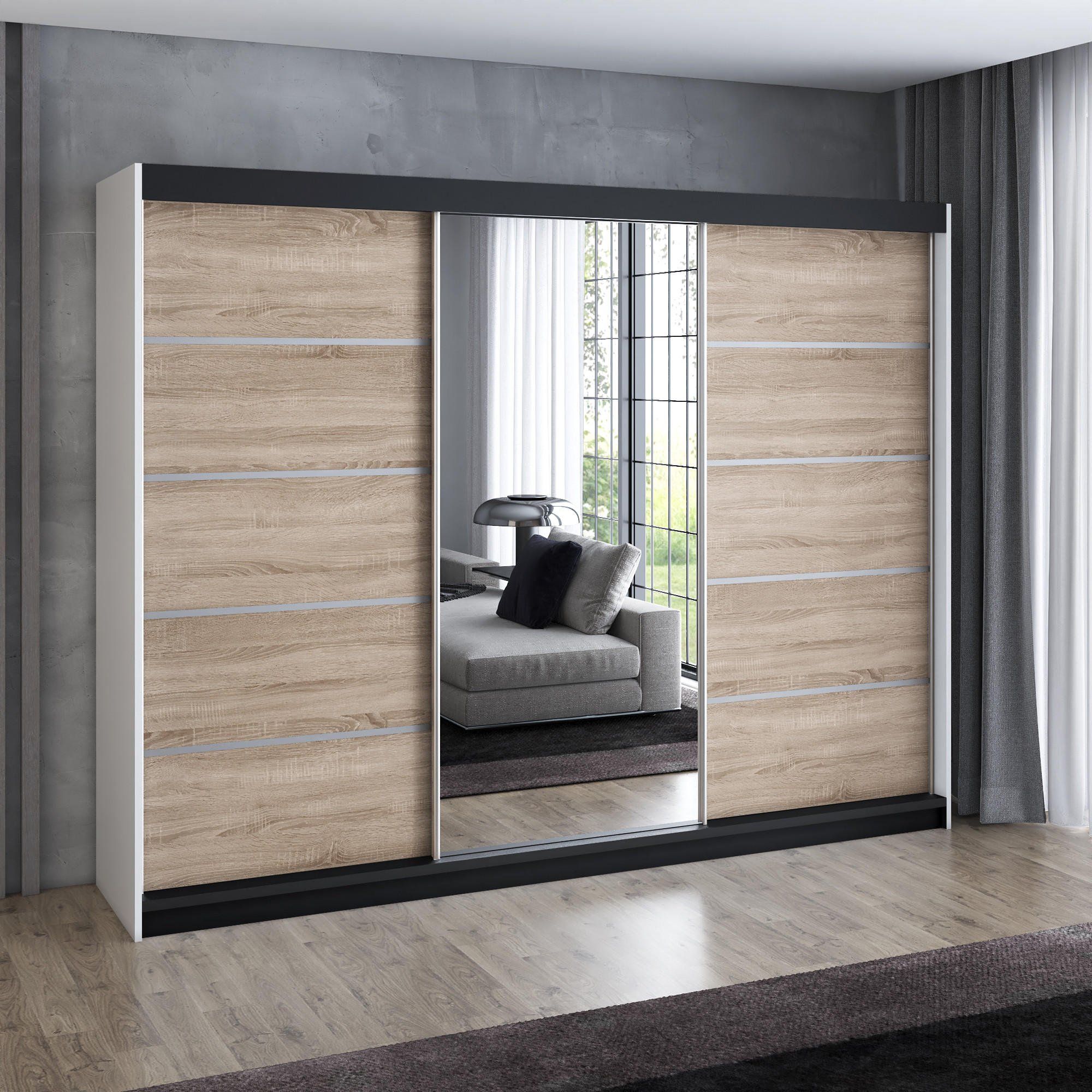SCHWEBETÜRENSCHRANK 200 cm VILANO 3 Farbe: Weiß|sonoma|sonoma - Weiß/Braun, Holzwerkstoff (200/215/59.5cm) - A&J MöbelLand