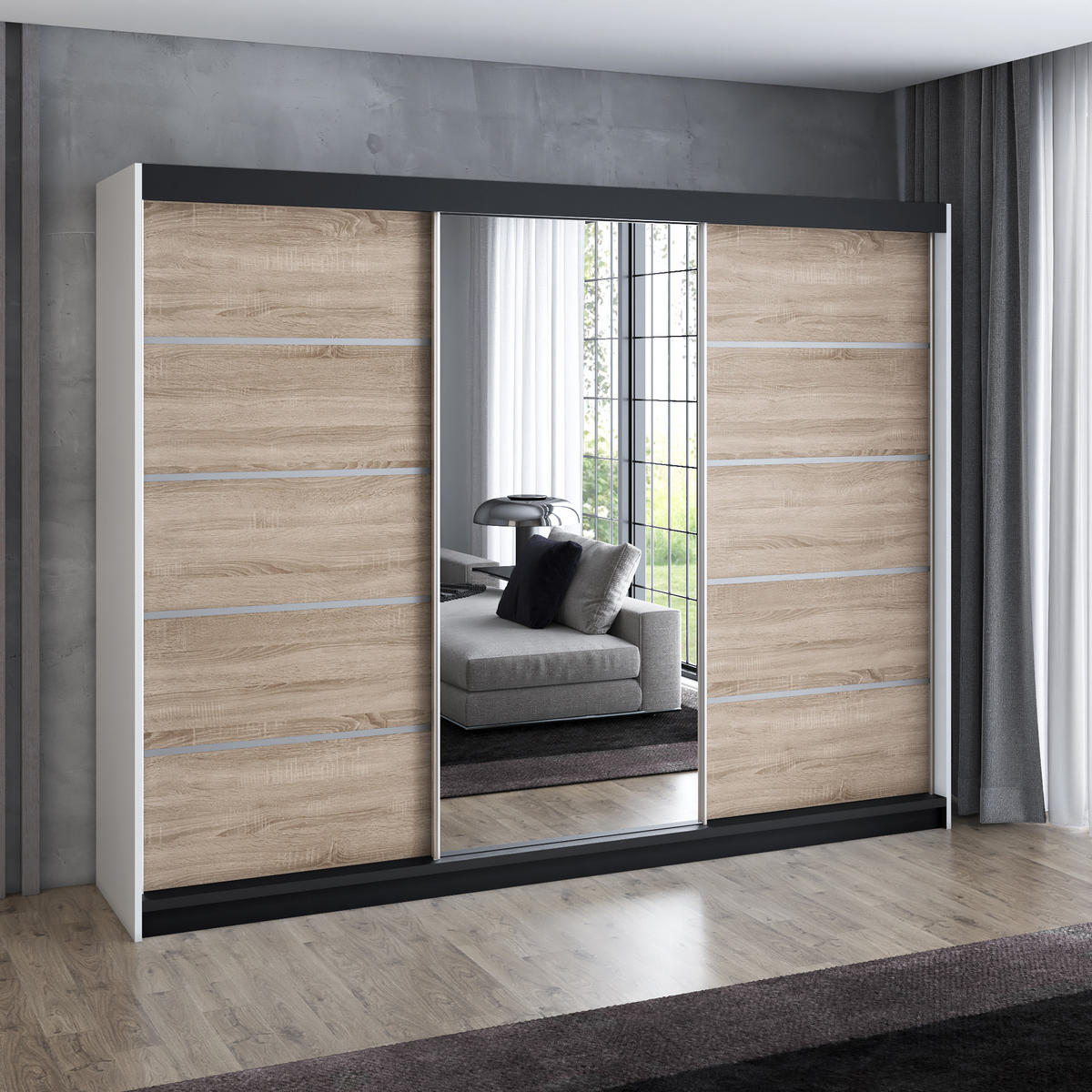 SCHWEBETÜRENSCHRANK 200 cm VILANO 3 Farbe: Weiß|sonoma|sonoma - Weiß/Braun, Holzwerkstoff (200/215/59.5cm) - A&J MöbelLand