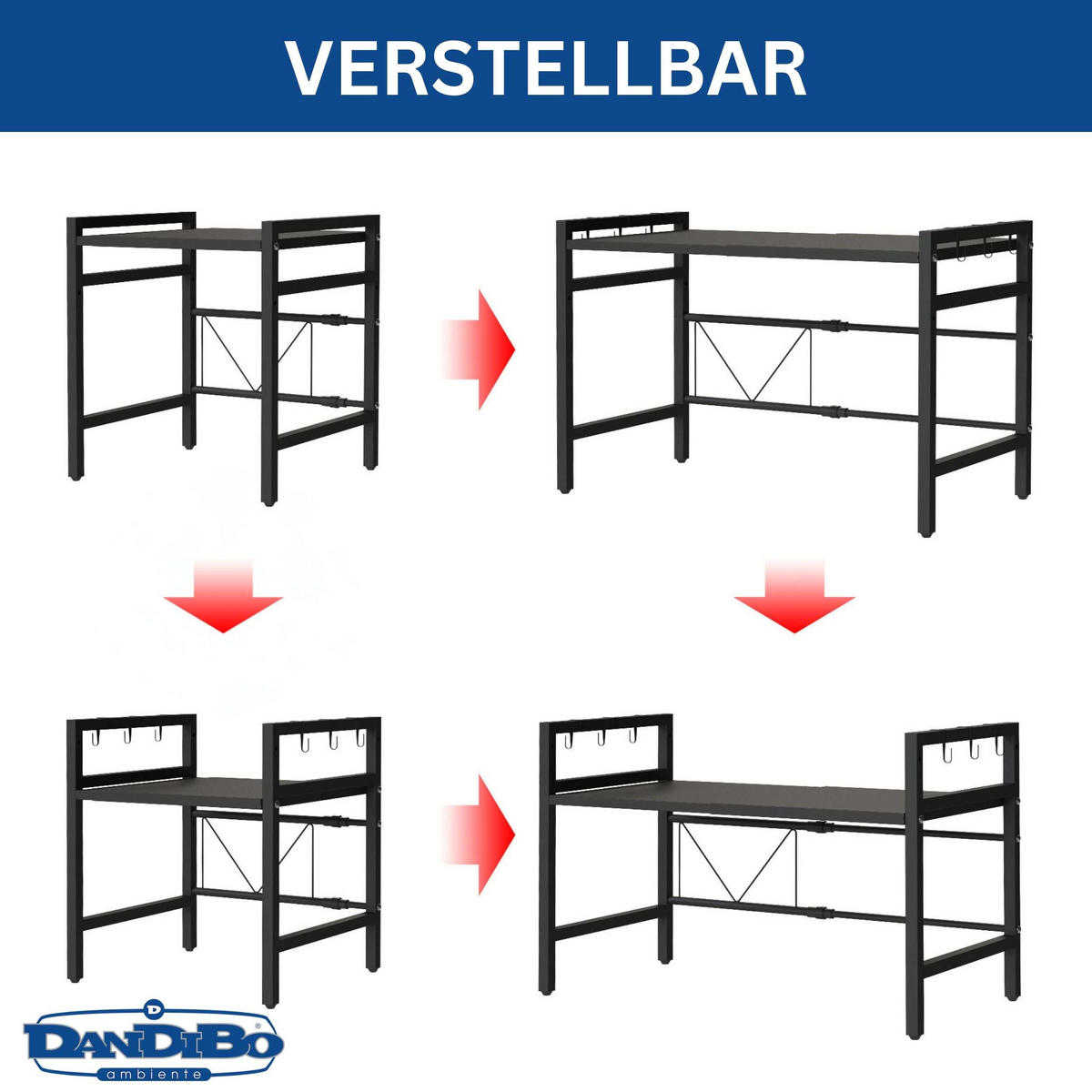 MIRKOWELLENREGAL Verstellbar 40 - 64 cm Metall - Schwarz, Metall (64/46/36cm) - DanDiBo