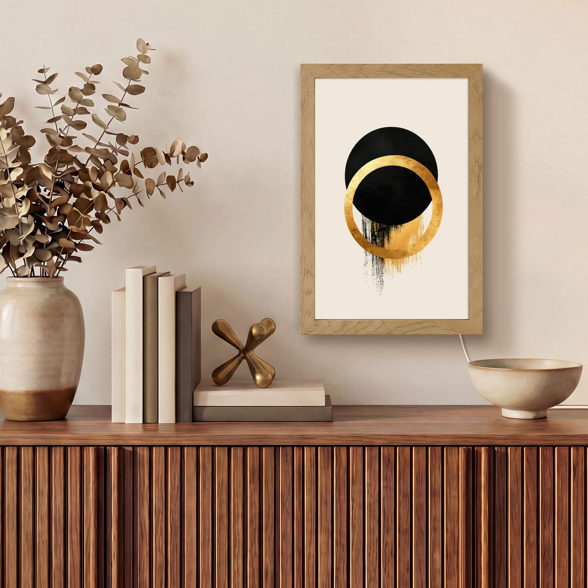 NÁSTĚNNÁ LAMPA Abstraktní design - Černý kruh - Skvrny od barvy 20x30 cm - krémová, kompozitní dřevo (20/30/8cm) - OnlyWow