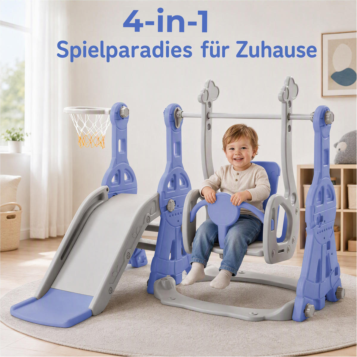 KINDERRUTSCHE 4 in 1 Indoor und Outdoor Babyrutsche mit Basketballkorb, Blau - Blau, Kunststoff (118/102/140cm) - GENKI LIVING