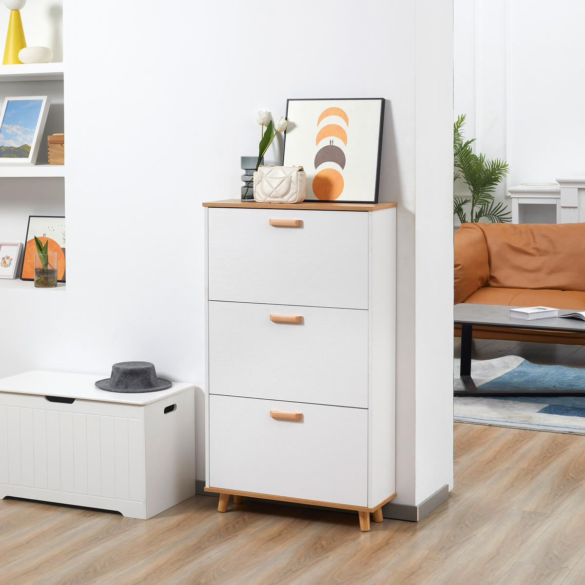 SCHUHSCHRANK DE-14983 3 Klapptüren mit verstellbaren Böden Weiß - Weiß, Holzwerkstoff (70/122/23.5cm) - ComfortXL
