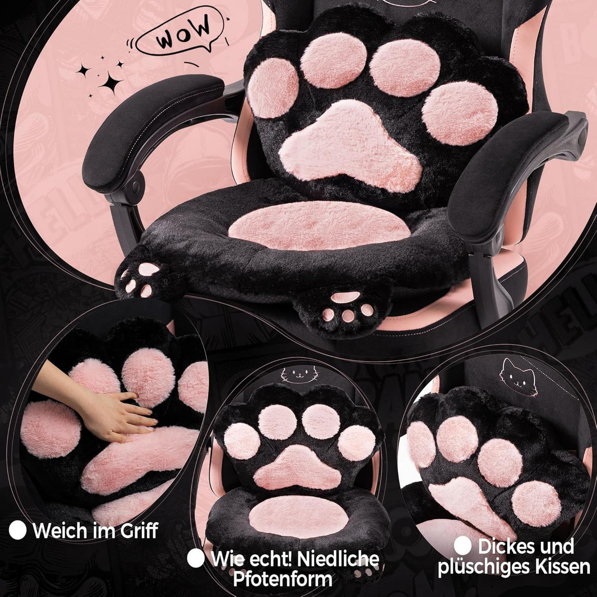 GAMING-STUHL Ergonomischer & Fußstütze Bürostuhl & Lendenwirbelstütze - Schwarz, Leder (52/126/49cm)