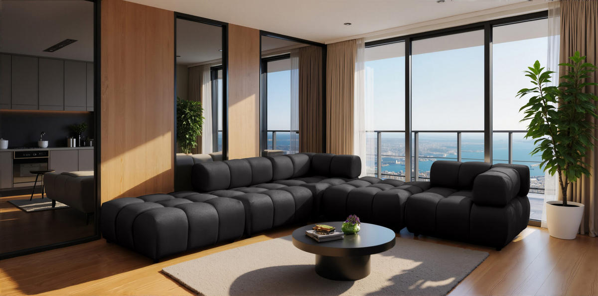 ECKSOFA Corner Modular, Veloursstoff Bluvel, Schwarz, Links, Bolla - Schwarz, Holz (288/288cm) - Kaiser Möbel