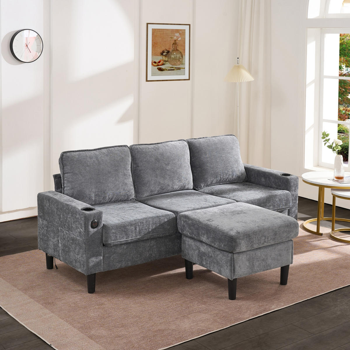 SOFA L-Form mit USB, Typ-C und Hocker 202 x 137 cm Leinen Grau - Grau, Kunststoff (137/202cm) - Meubliv