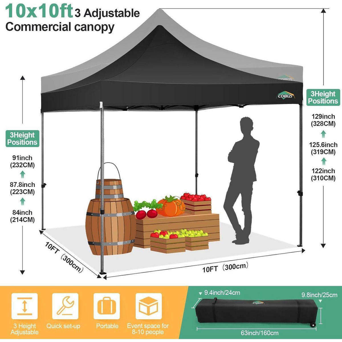 FALTPAVILLON 3x3m Schwarz mit Seitenteilen - Schwarz, Metall (300/328/300cm)