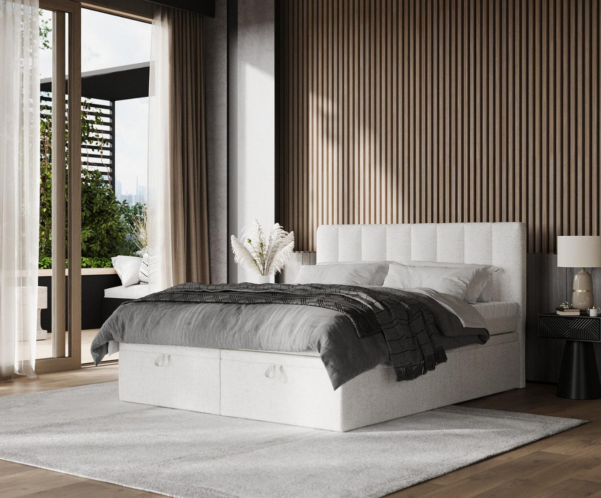 BOXBETT Lume 200/200 cm Creme im Neve Stoff - Creme/Schwarz, Holz/Holzwerkstoff (200/200cm) - AltaBeds