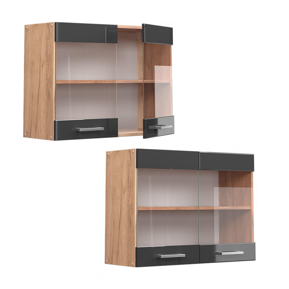 KÜCHENGLASSCHRANK R-Line Anthrazit Hochglanz 80 cm - Anthrazit/Eiche Wotan, Holzwerkstoff (80/60/31cm) - Vicco