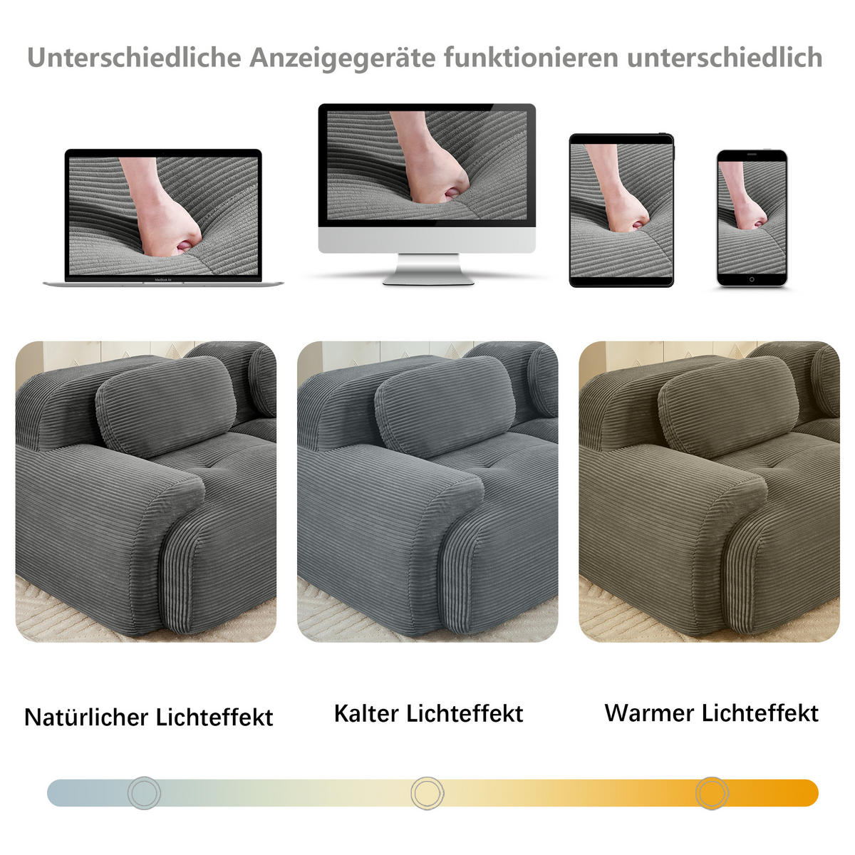 4-SITZER SOFA Modulares Boneless Cord Sofa Rahmenlos - Grau, Textil (388/75/103cm) - Urban Meuble