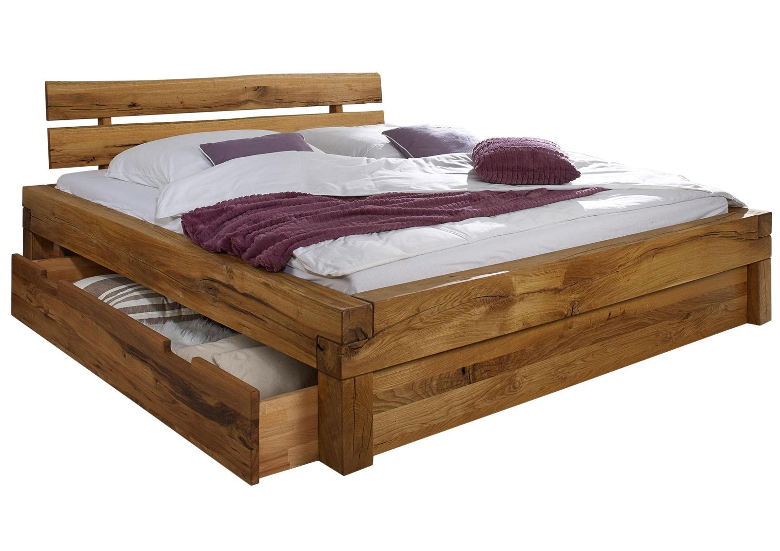 BETT mit Schublade Massivholz Wildeiche 140 x 200 x 85 natur BALKENMÖBEL #127 - Braun, Holz (140/200cm) - Massivmoebel24