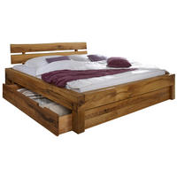 BETT mit Schublade Massivholz Wildeiche 140 x 200 x 85 natur BALKENMÖBEL #127 - Braun, Holz (140/200cm) - Massivmoebel24