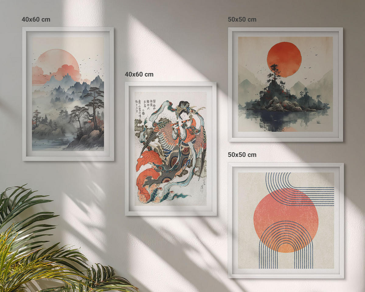 WANDBILDER 4er-Set - 50x50 cm & 40x60 cm Weißer Rahmen - Asiatische Landschaften Japandi - Weiß, Kunststoff (50/50cm) - ArtPrintCave
