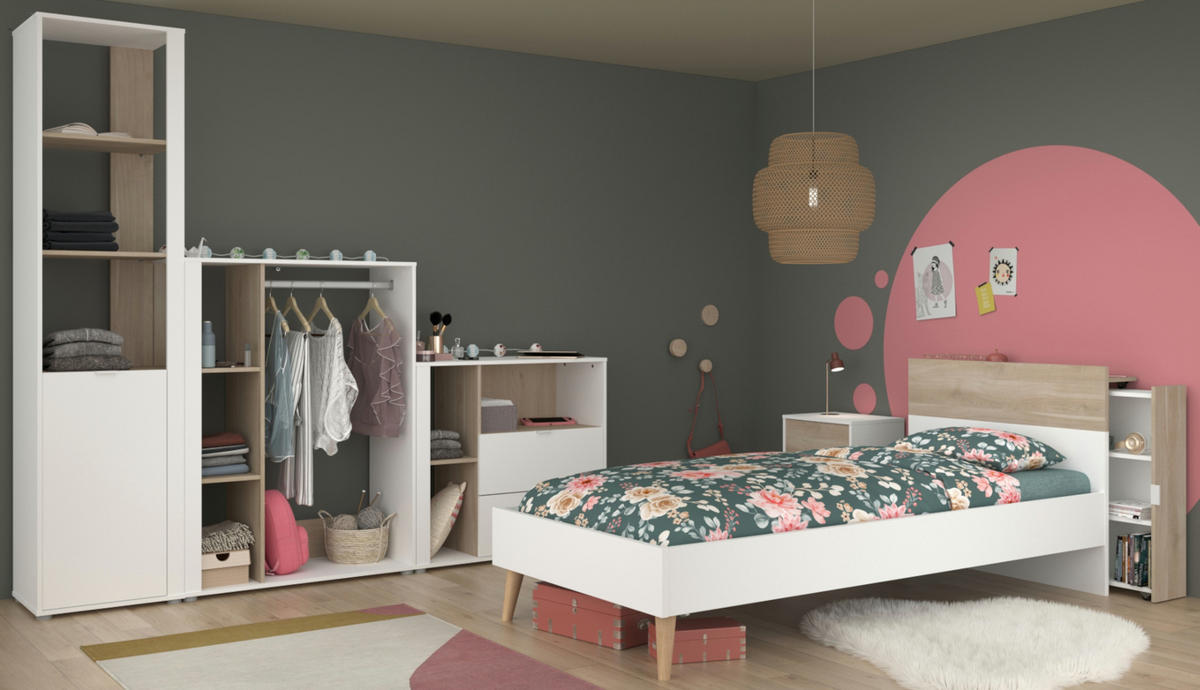 JUGENDZIMMER weiß, Eiche, Komplett-Set 6-teilig mit vielen Fächern - Eichefarben/Weiß, Holzwerkstoff (95/205/206cm) - Parisot Meuble