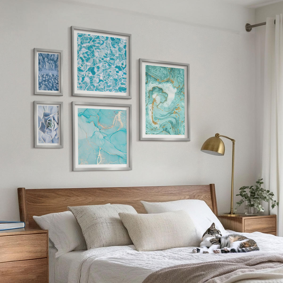WANDBILDER 5er Set - 50x50 cm & 20x30 cm & 40x60 cm Silberner Rahmen - Pflanzenmuster große minimalistische Sonnen - Silberfarben, Kunststoff (40/60cm) - ArtPrintCave
