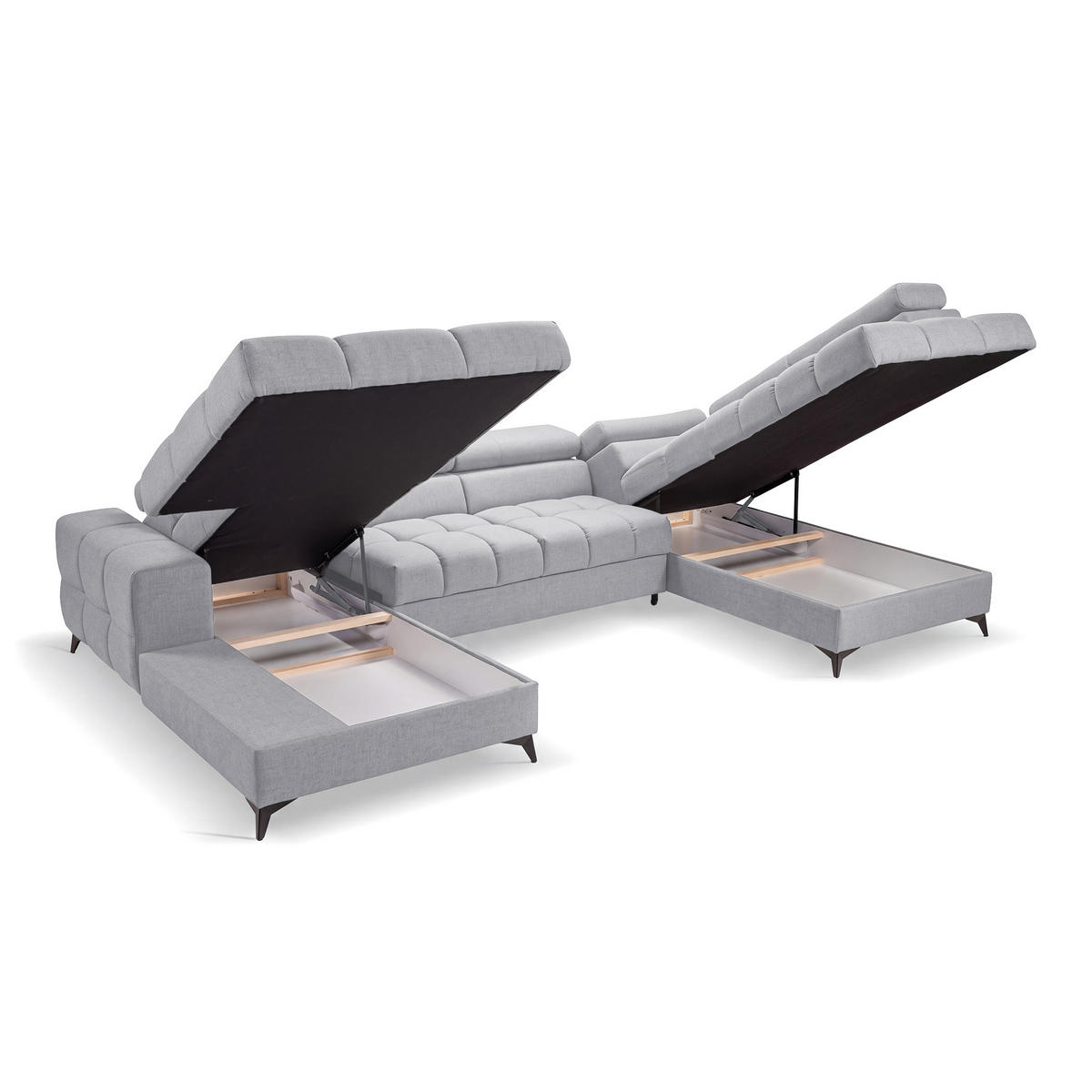 ECKSOFA PUDDING U Links mit Schlaffunktion 125x260 Velours Hellgrau - Hellgrau/Schwarz, Holz/Textil (203/350cm) - Muffo